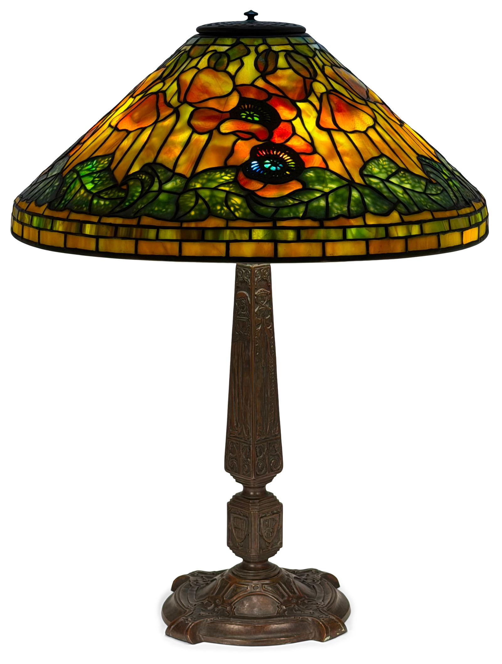 Tiffany Studios "Poppy" Table Lamp: Tiffany Studios "Poppy" Table Lamp circa 1910 with an "Old English" base leaded glass, patinated bronze shade impressed "Tiffany Studios, New York, 1531" base impressed "Tiffany Studios, New York,