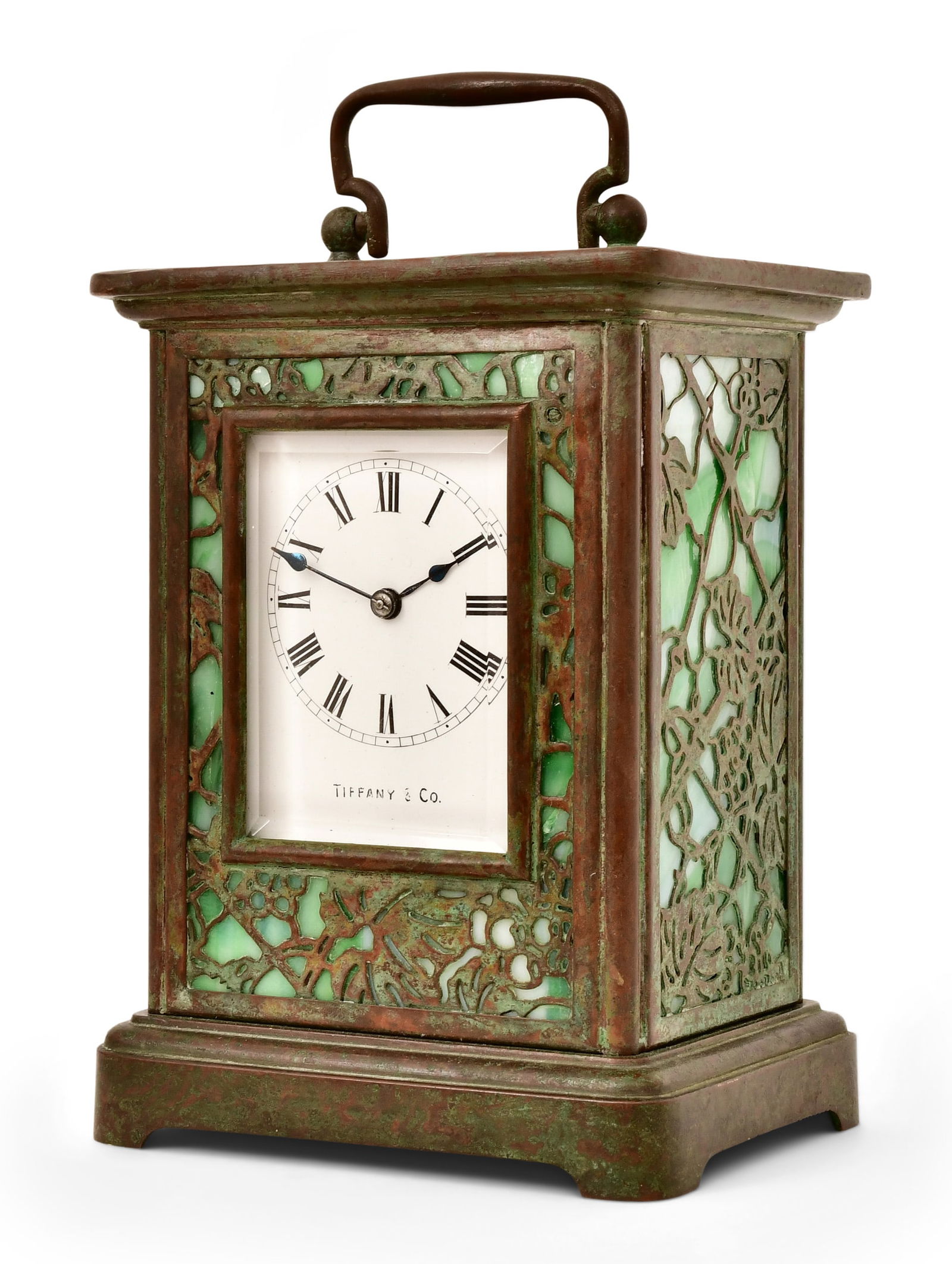 Tiffany Studios / Tiffany & Co. "Grapevine" Carriage Clock: Tiffany Studios / Tiffany & Co. "Grapevine" Carriage Clock early 20th century favrile glass, patinated bronze, beveled glass face dial signed "Tiffany & Co." case impressed "Tiffany Studios, New