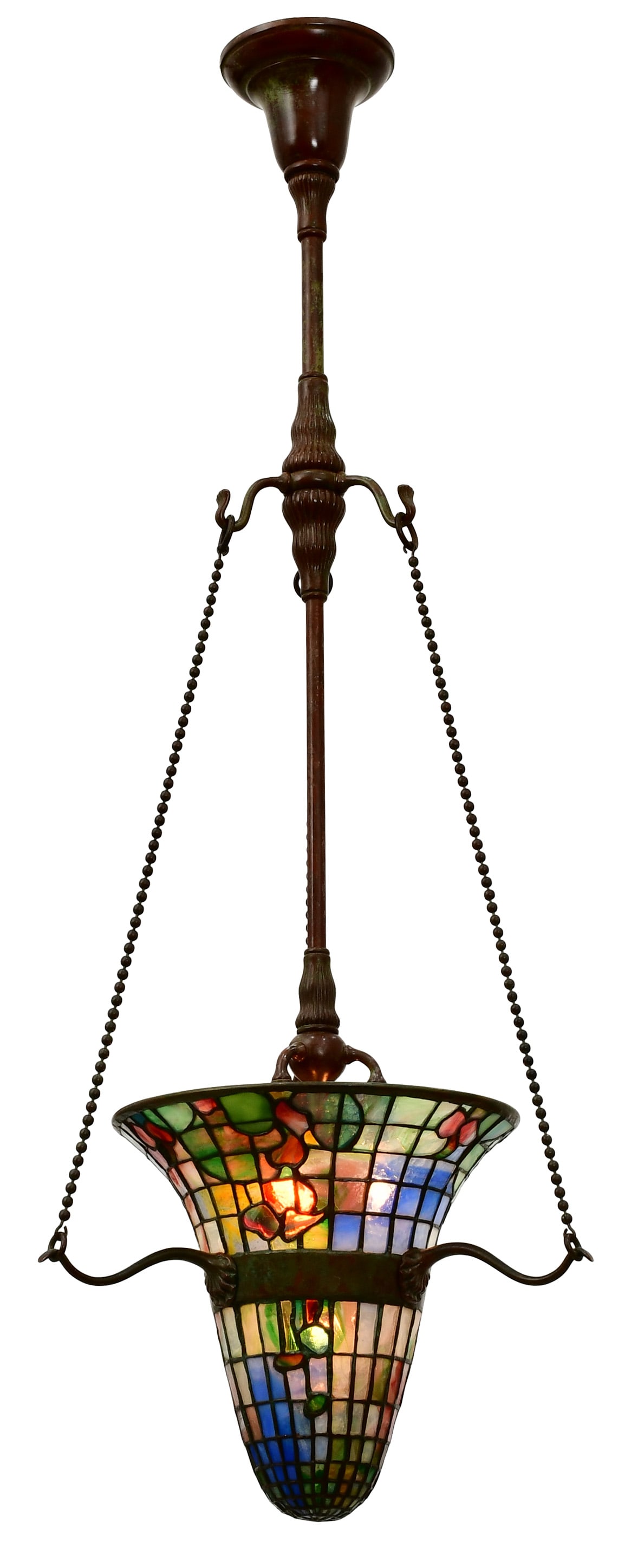 Tiffany Studios Floral Ceiling Light: Tiffany Studios Floral Ceiling Light circa 1910 leaded glass, patinated bronze impressed "Tiffany Studios, New York" 41 x 13 inches Provenance: Private Collection, New York Other Notes: Fontaine's