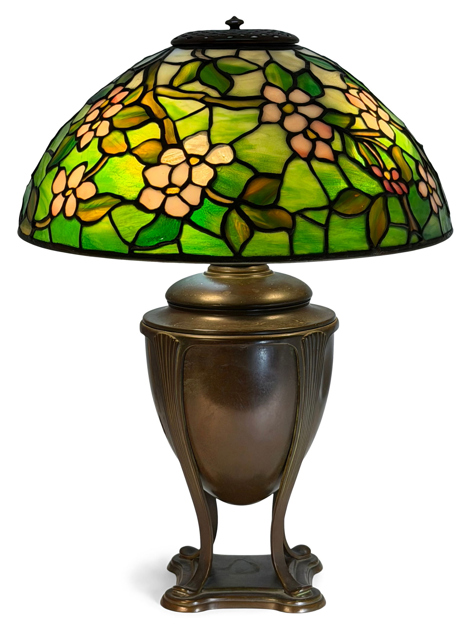 Tiffany Studios "Apple Blossom" Table Lamp: Tiffany Studios "Apple Blossom" Table Lamp circa 1910 leaded glass, patinated bronze shade impressed "Tiffany Studios, New York" base impressed "Tiffany Studios, New York, D653" and with the Tiffany