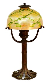 Tiffany Studios "Bamboo" Desk Lamp with a Rare Decorated Favrile Glass Shade