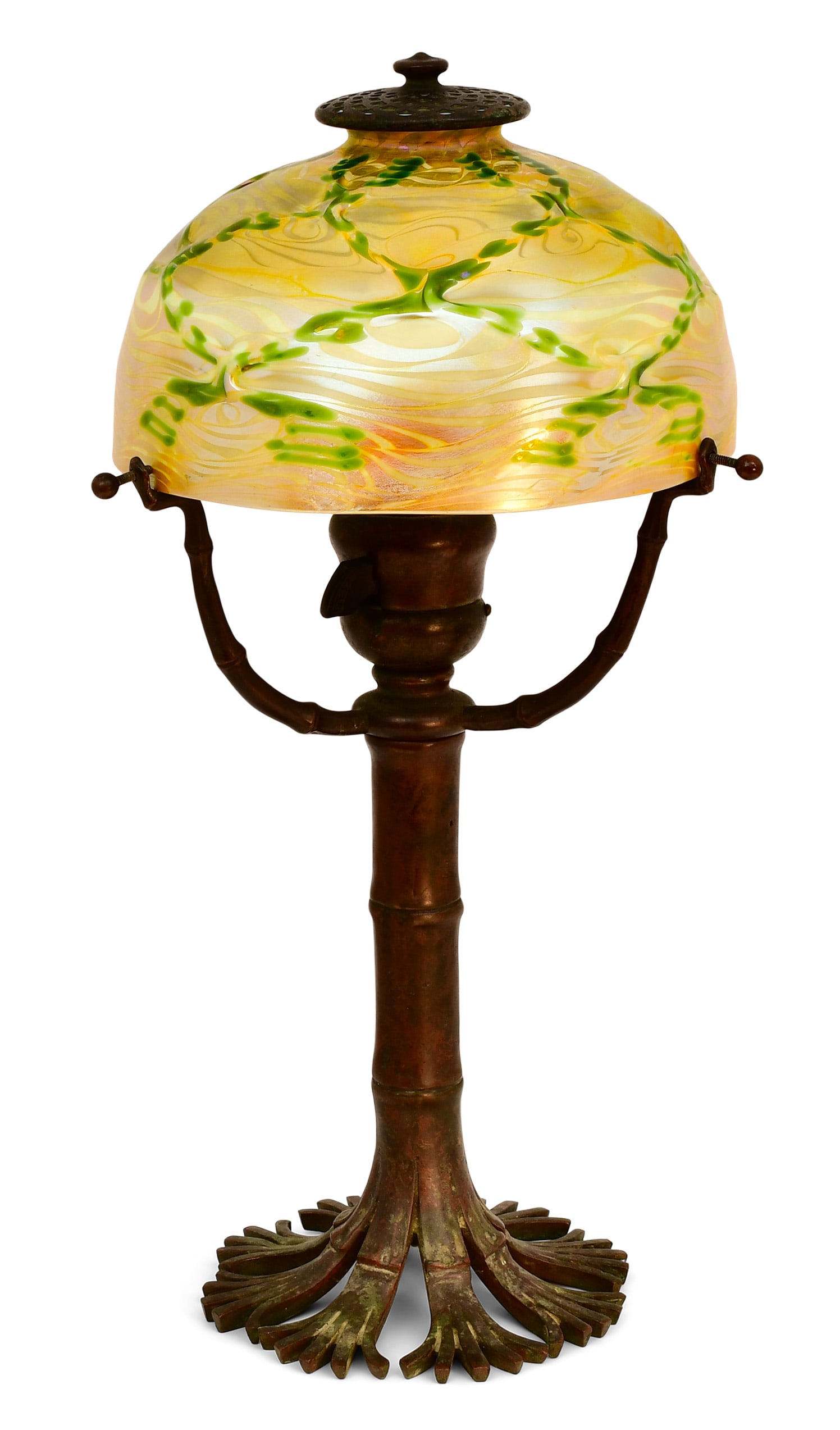 Tiffany Studios "Bamboo" Desk Lamp with a Rare Decorated Favrile Glass Shade: Tiffany Studios "Bamboo" Desk Lamp with a Rare Decorated Shade circa 1910 favrile glass, patinated bronze shade engraved "L.C.T." base impressed "Tiffany Studios, New York, 428" 15 1/4 in. high, 7