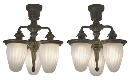 Tiffany Studios, A Rare Pair of Three-Light Ceiling Lights
