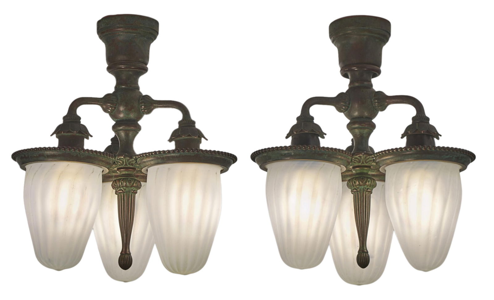 Tiffany Studios, A Rare Pair of Three-Light Ceiling Lights (1 of 4)