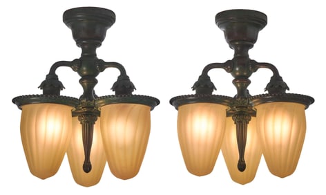 Tiffany Studios, A Rare Pair of Three-Light Ceiling Lights