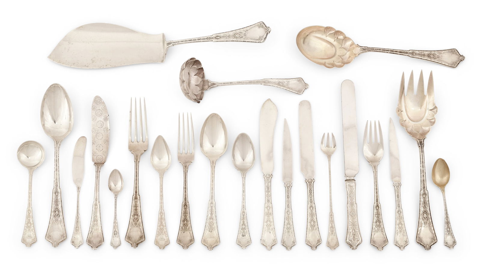 Tiffany & Co. "Persian" Sterling Silver Flatware Set, 205 Pieces: Tiffany & Co. (New York, est. 1837) "Persian" Flatware Set, 205 Pieces designed 1872 sterling silver marked "Tiffany & Co. / Sterling / Pat. 1872 / M" 254.36 troy ounces (fully sterling pieces only)