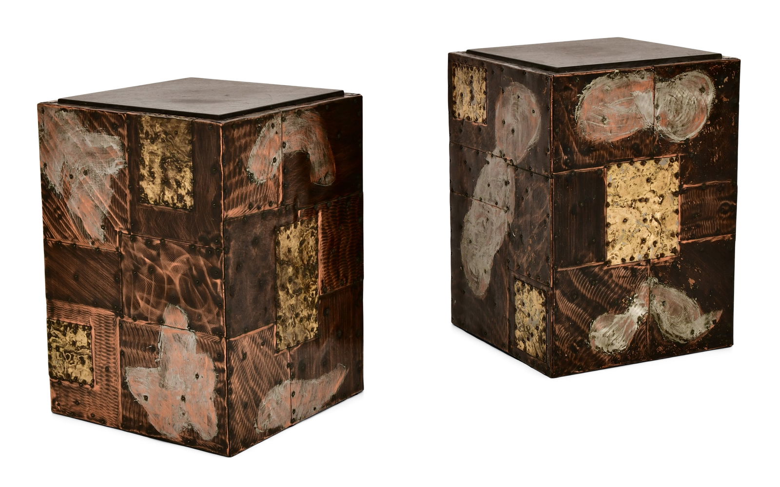 Paul Evans, Pair of Cube Tables: Paul EvansPair of Cube Tablescirca 1875patinated copper, steel and brass, slatedesigned by Paul Evans for Directional18 1/2 x 13 1/4 x 13 1/4 inchesProvenance: Private Collection, Boston, Massachu