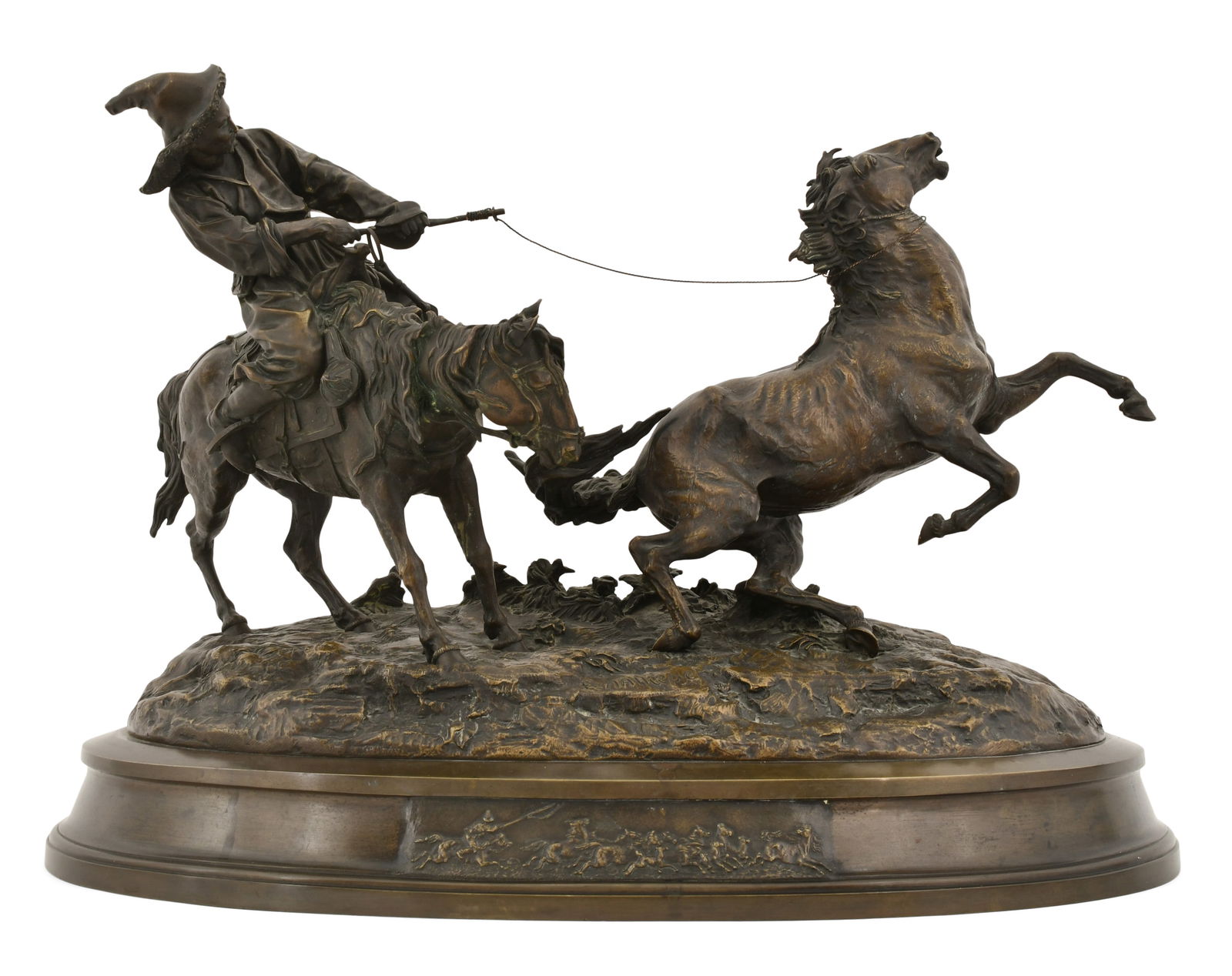 Evgeny Lanceray (Russian, 1848-1886), Khirgiz Cossack Capturing a Wild Horse, "The Capture": Evgeny Lanceray (Russian, 1848-1886) Khirgiz Cossack Capturing a Wild Horse, "The Capture" patinated bronze sculpture signed in Cyrillic "E. Lanceray" 17 1/2 x 25 x 11 1/2 inches Provenance: