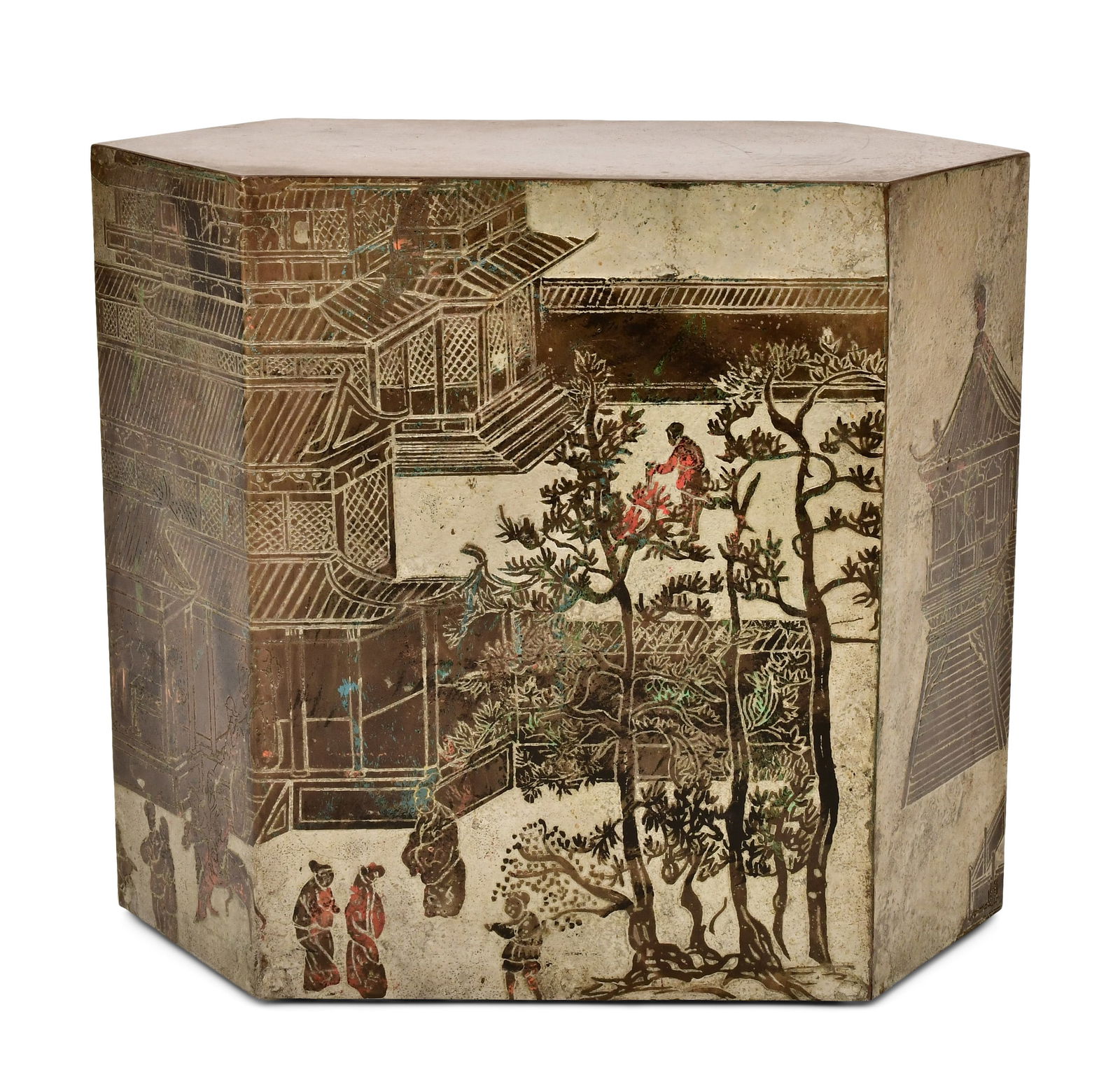 Philip & Kelvin LaVerne "Chan" Occasional Table: Philip & Kelvin LaVerne "Chan" Occasional Table circa 1965 acid etched and enameled patinated brass over pewter and wood, signed "Philip & Kelvin LaVerne" 15 1/2 x 18 x 10 inches Provenance: