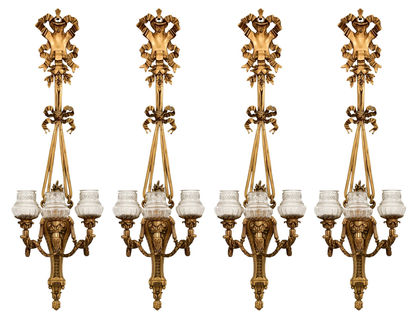 Edward F. Caldwell & Co., Set of Four Bronze Three-Light Sconces: Edward F. Caldwell & Co. Set of Four Three-Light Sconces late 19th century gilt bronze, cut glass each marked "(C-diamond)" 33 1/2 x 16 x 9 inches Provenance: Private Collection, Boston,