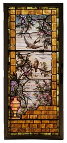 American Leaded, Enameled & Painted Glass Window with Birds