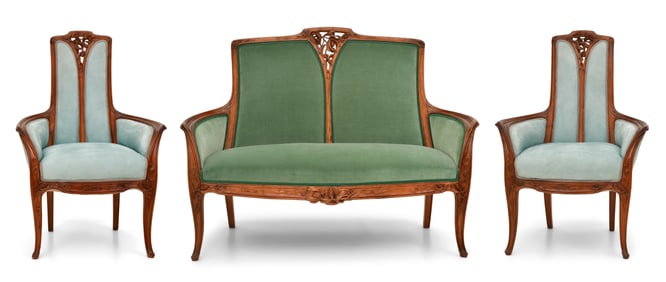 Louis Majorelle (French, 1859-1926), "Pommes de Pin" Mahogany Settee & Chairs