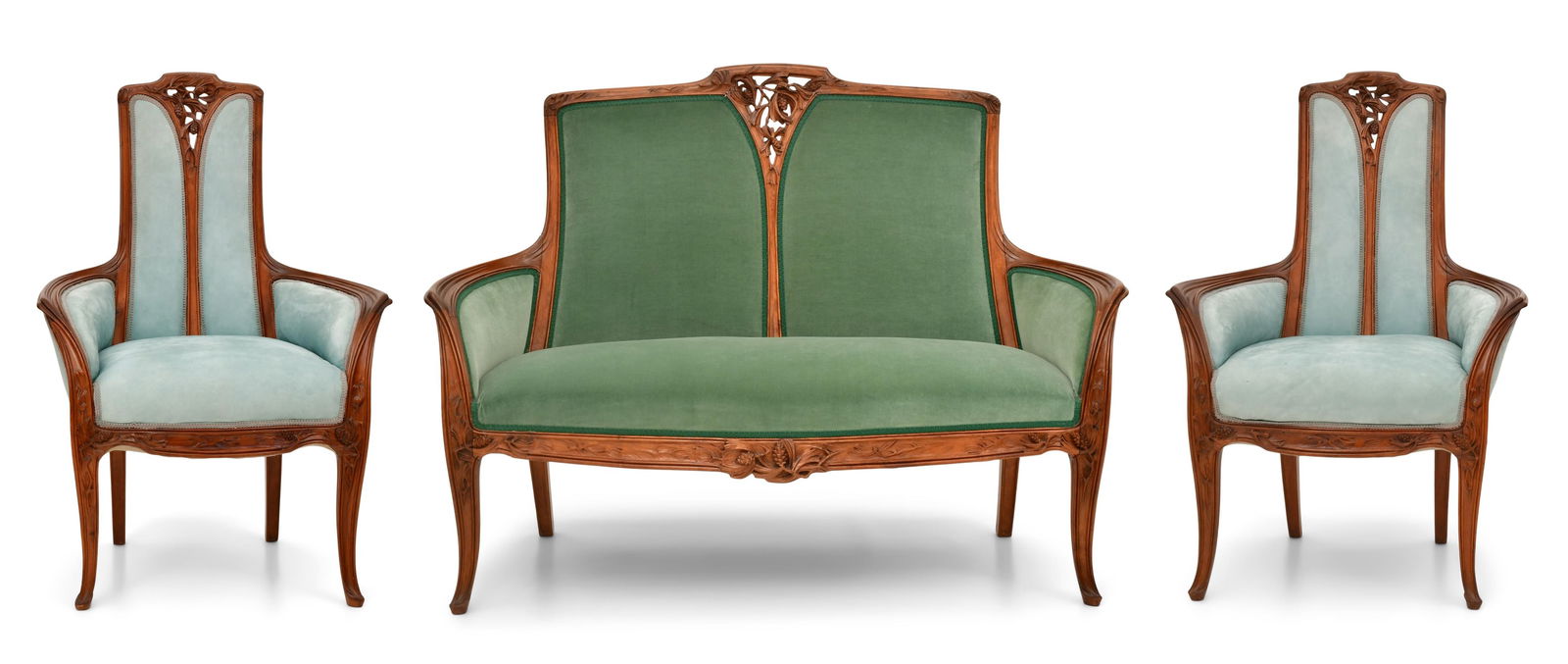 Louis Majorelle (French, 1859-1926), "Pommes de Pin" Mahogany Settee & Chairs: Louis Majorelle(French, 1859-1926)"Pommes de Pin" Mahogany Settee & Chairs43 x 57 x 28 inches (settee)42 1/2 x 29 x 22 inches (chair)Provenance: Private Collection, New Jersey