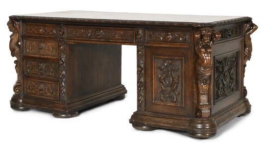 R.J. Horner & Co. Oak Partner's Desk with Atlas & Caryatid Figures
