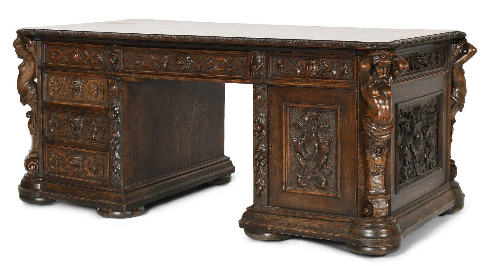 R.J. Horner & Co. Oak Partner's Desk with Atlas & Caryatid Figures: R.J. Horner & Co.(New York, 1886-1915)Partner's Desk with Atlas & Caryatid Figurescirca 1890carved oak30 1/2 x 72 x 40 inchesProvenance: Private Collection, South Dakota
