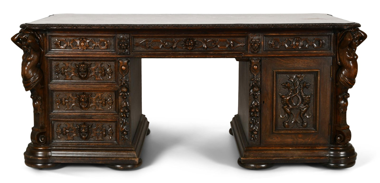 R.J. Horner & Co. Oak Partner's Desk with Atlas & Caryatid Figures - 2