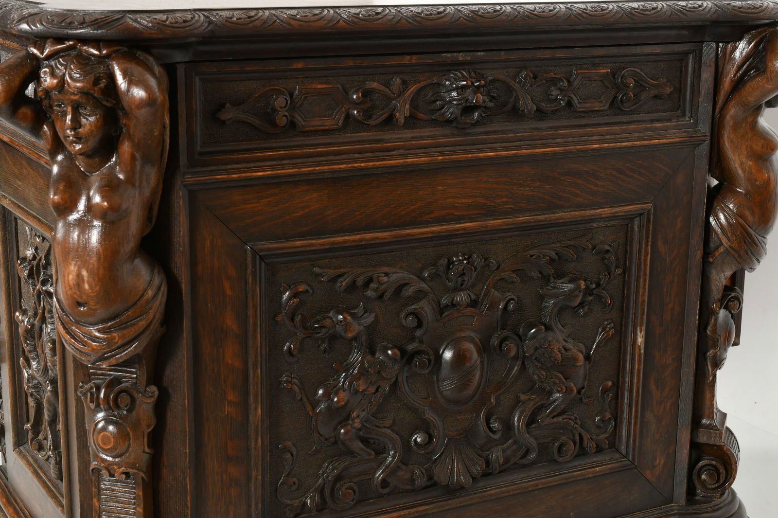 R.J. Horner & Co. Oak Partner's Desk with Atlas & Caryatid Figures - 4