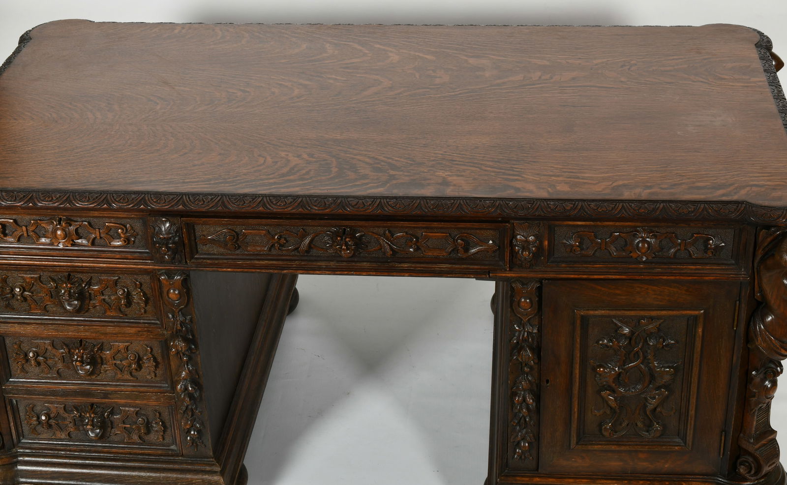 R.J. Horner & Co. Oak Partner's Desk with Atlas & Caryatid Figures - 7