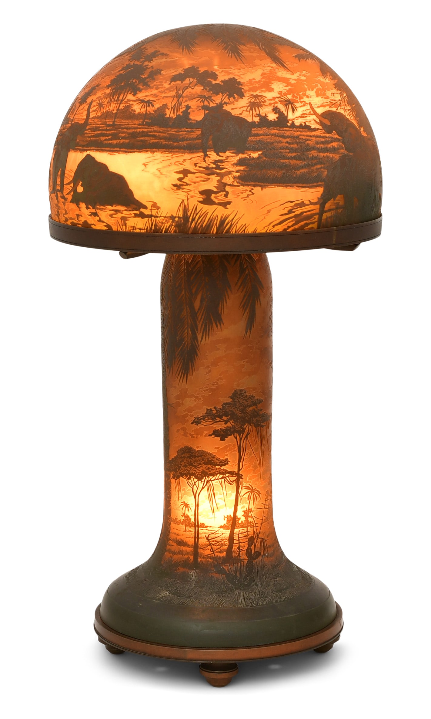A Rare Arsall Cameo Glass Scenic Lamp with Elephants: A Rare Arsall Cameo Glass Scenic Lamp with Elephants early 20th century signed "Arsall" 24 x 12 1/2 inches Provenance: Private Collection, Pennsylvania