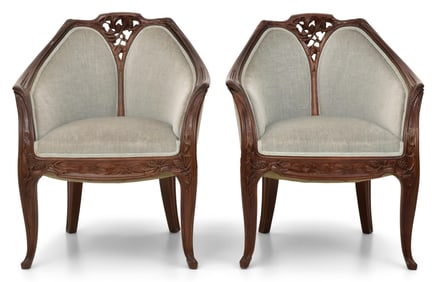 Louis Majorelle (French, 1859-1926), Pair of "Pommes de Pin" Mahogany Armchairs