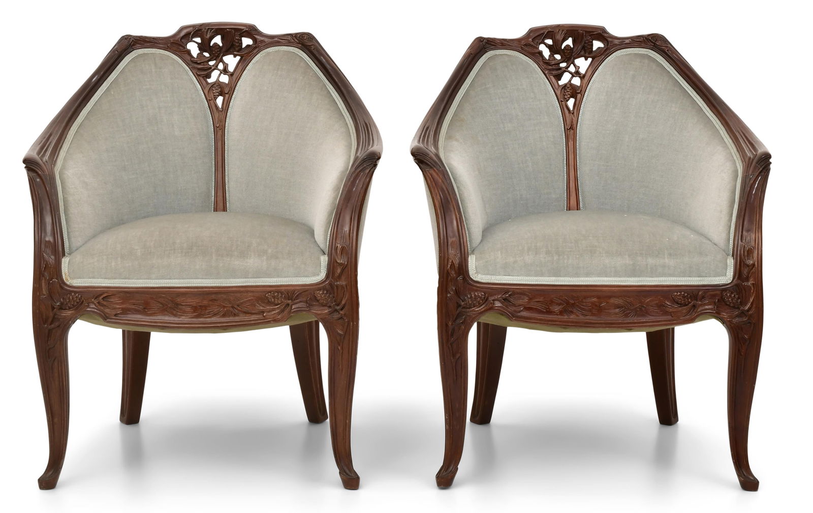 Louis Majorelle (French, 1859-1926), Pair of "Pommes de Pin" Mahogany Armchairs: Louis Majorelle (French, 1859-1926) Pair of "Pommes de Pin" Mahogany Armchairs 34 1/2 x 28 x 27 inches Literature: Alastair Duncan, The Paris Salons 1895-1914 Volume III: Furniture, Woodbridge,