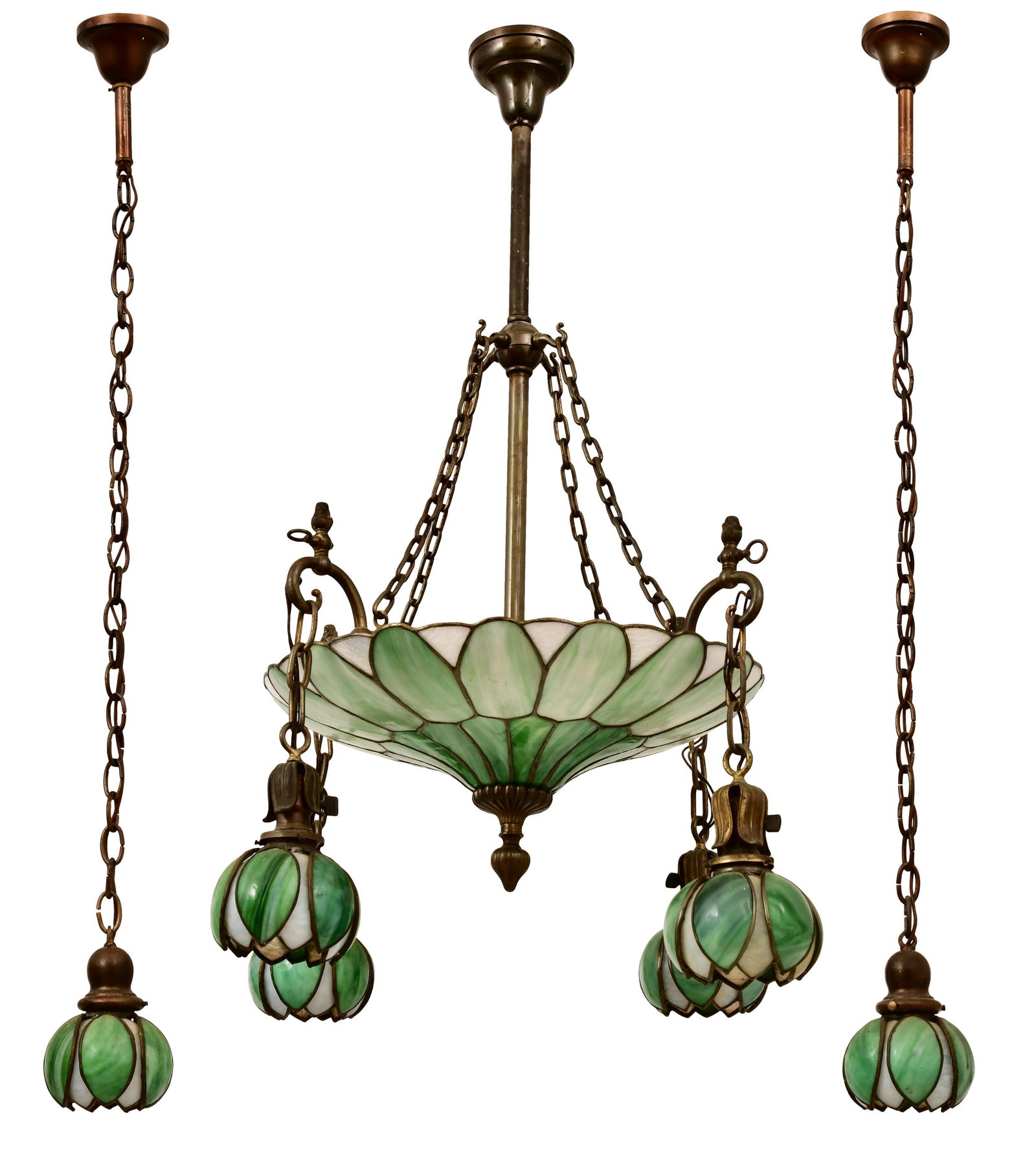 Handel "Pond Lily" Chandelier with Matching Pendant Lights: Handel Company (Connecticut/New York, 1885-1936) "Pond Lily" Chandelier with Matching Pendant Lights circa 1910 leaded glass, patinated metal 43 x 22 inches (chandelier) 47 x 5 inches (pendant