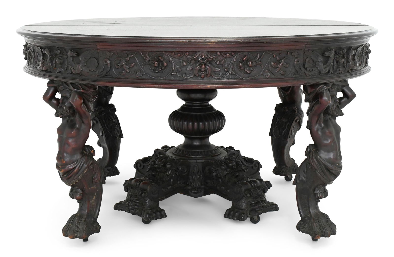 R.J. Horner & Co. "Atlas" Dining Table: R.J. Horner & Co. (New York, 1886-1915) "Atlas" Dining Table circa 1890 mahogany center leg signed with firm's paper label 32 x 59 inches Provenance: Private Collection, Boston, Massachusetts