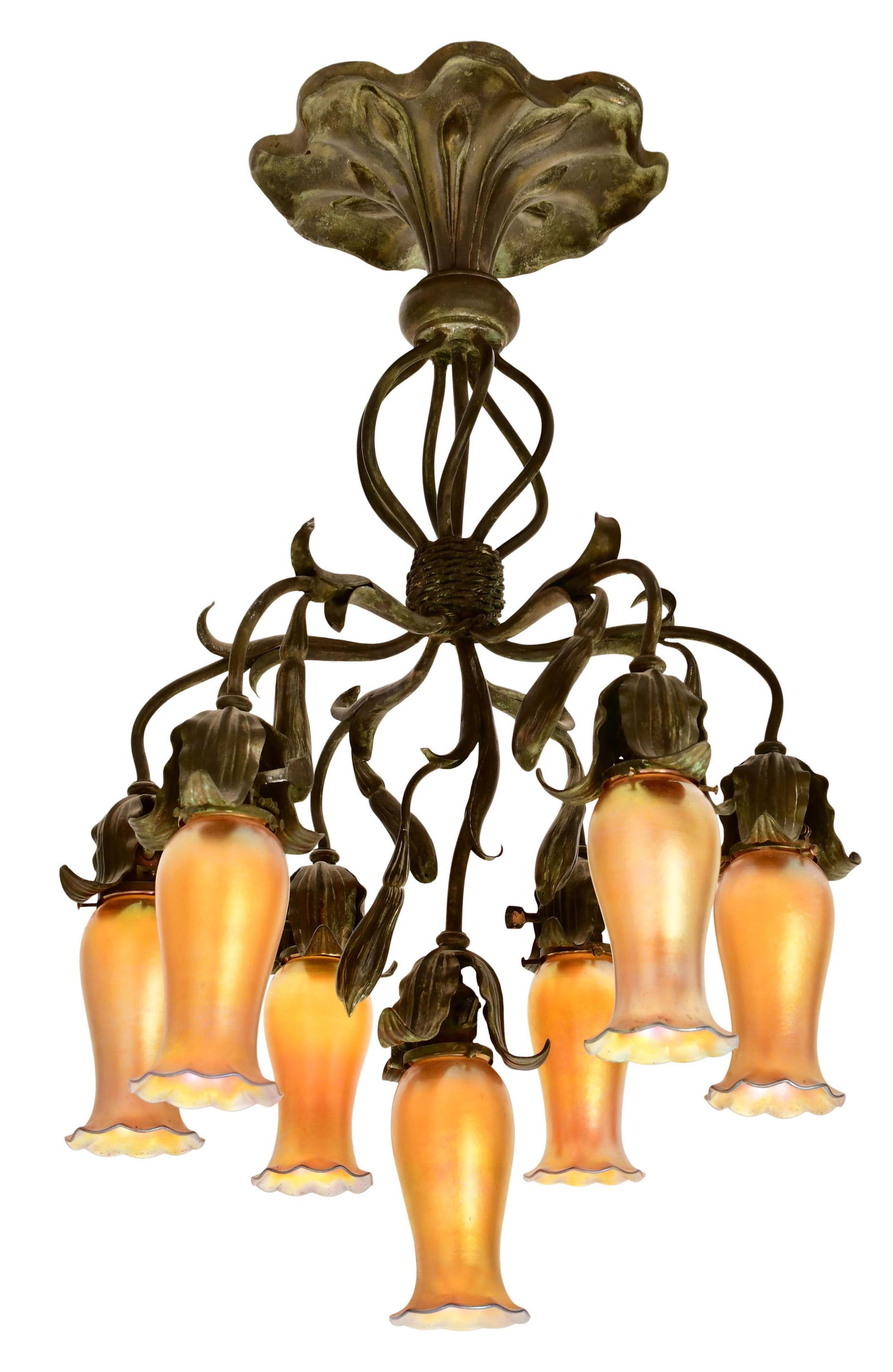 Suess Ornamental Glass Co. Seven-Light "Tulip" Chandelier with Steuben Glass Shades: Suess Ornamental Glass Co. Steuben Glass Works Seven-Light "Tulip" Chandelier circa 1906-1908 patinated bronze, iridescent glass shades signed with fleur-de-lis mark 33 1/2 x 22 inches Provenance: