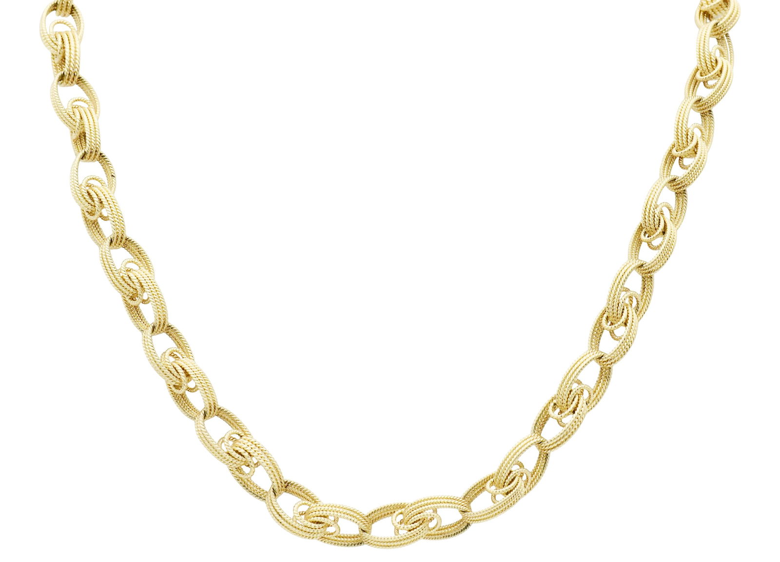 14K Yellow Gold Link Necklace: 14K Yellow Gold Link Necklace • 30 3/4 inches (length) • 54.2 dwt (total weight) Provenance: Private Collection, Rhode Island Other Notes: Fontaine's Auction Gallery can arrange