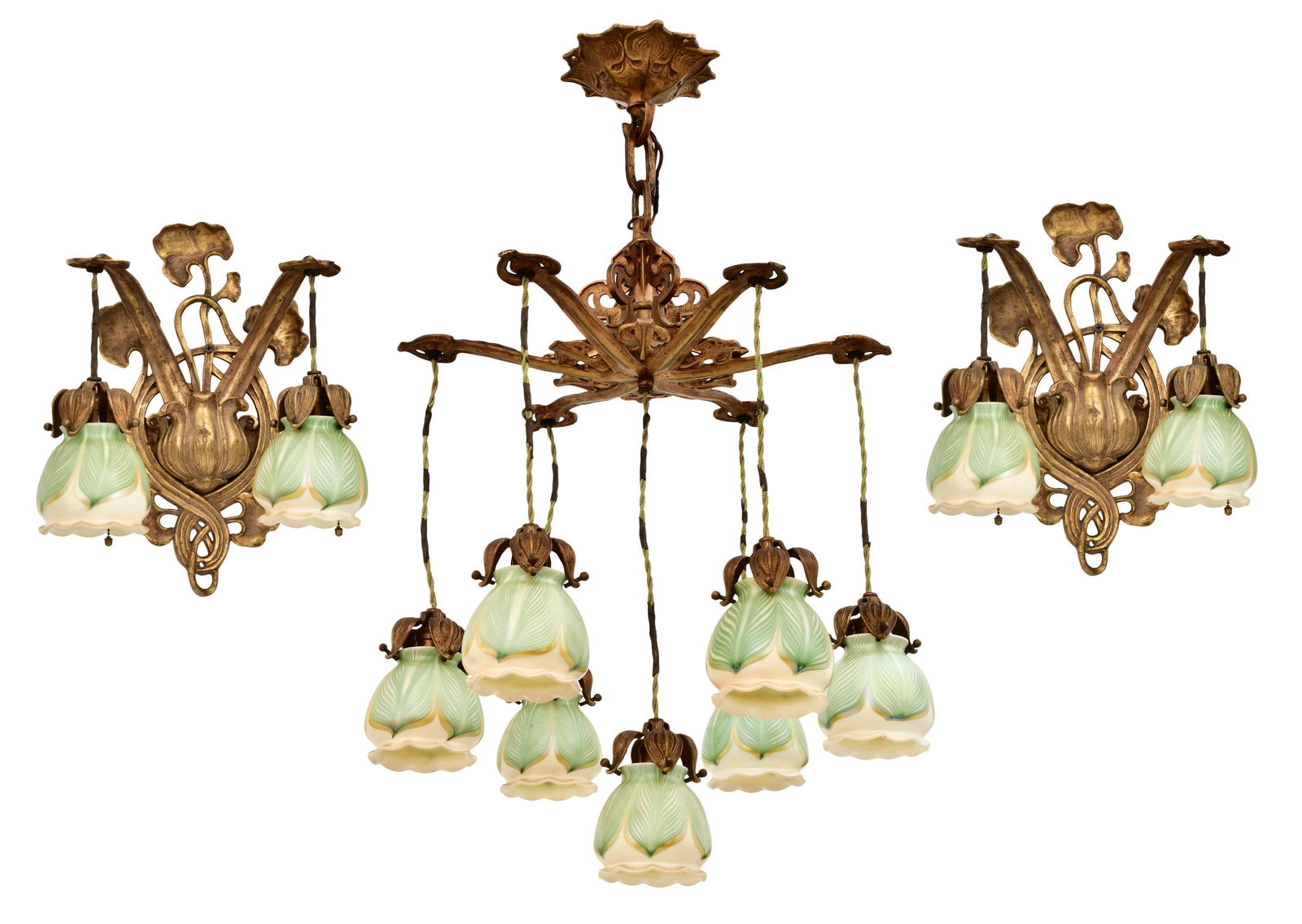 Quezal Art Glass & Gilt Bronze "Pulled Feather" Chandelier with Matching Sconces: Quezal Art Glass and Decorating Company (New York, 1901-1924) "Pulled Feather" Chandelier with Matching Sconces circa 1915 iridescent glass, gilt bronze each shade marked "Quezal" 28 1/2 x 17 inches