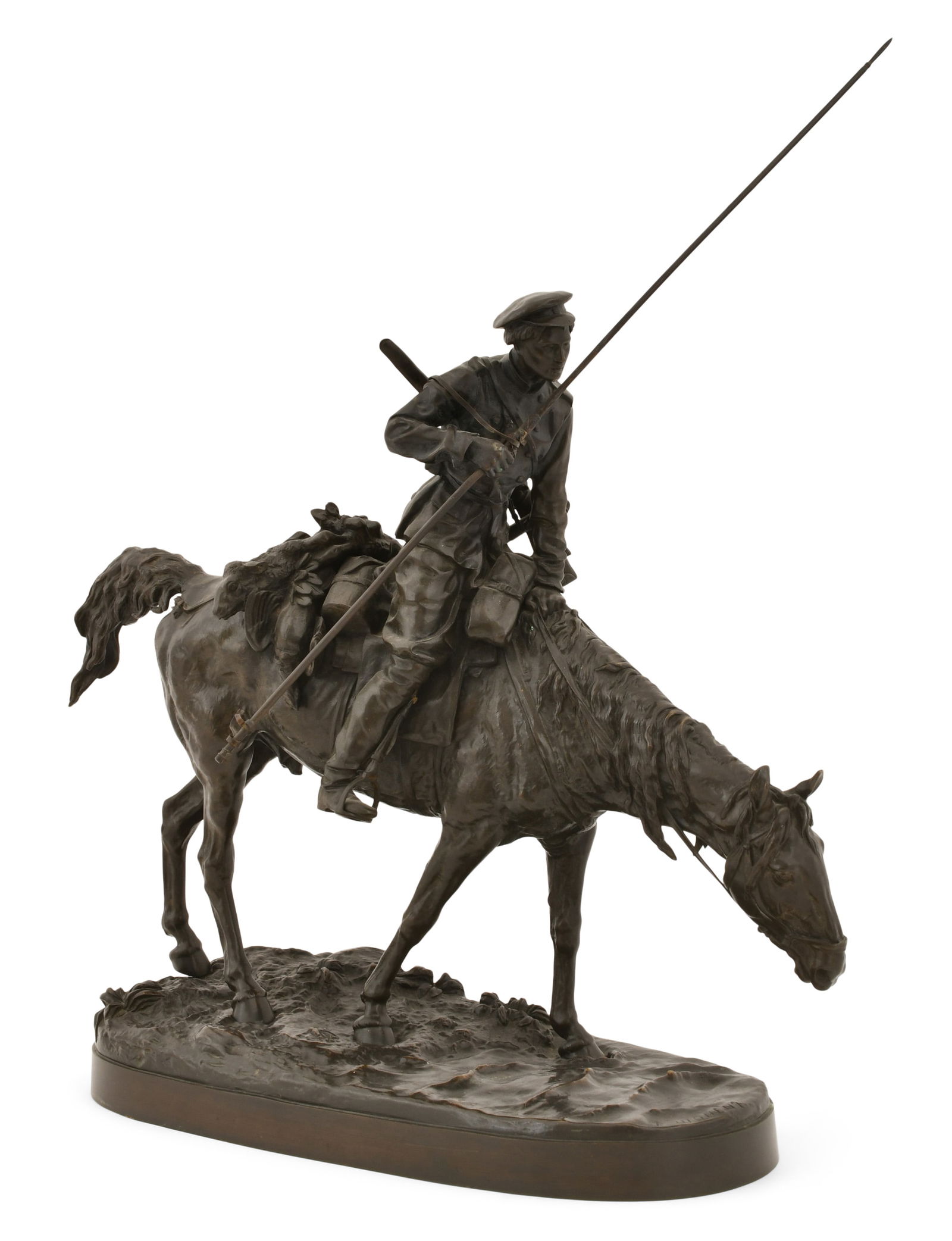 Evgeny Lanceray (Russian, 1848-1886), "Lancer and Lamb": Evgeny Lanceray(Russian, 1848-1886)"Lancer and Lamb"patinated bronze sculpturesigned in Cyrillic "E. Lanceray" and inscribed in Cyrillic by founder "F. Chopin"25 x 21 x 8 inchesProvenance: Private