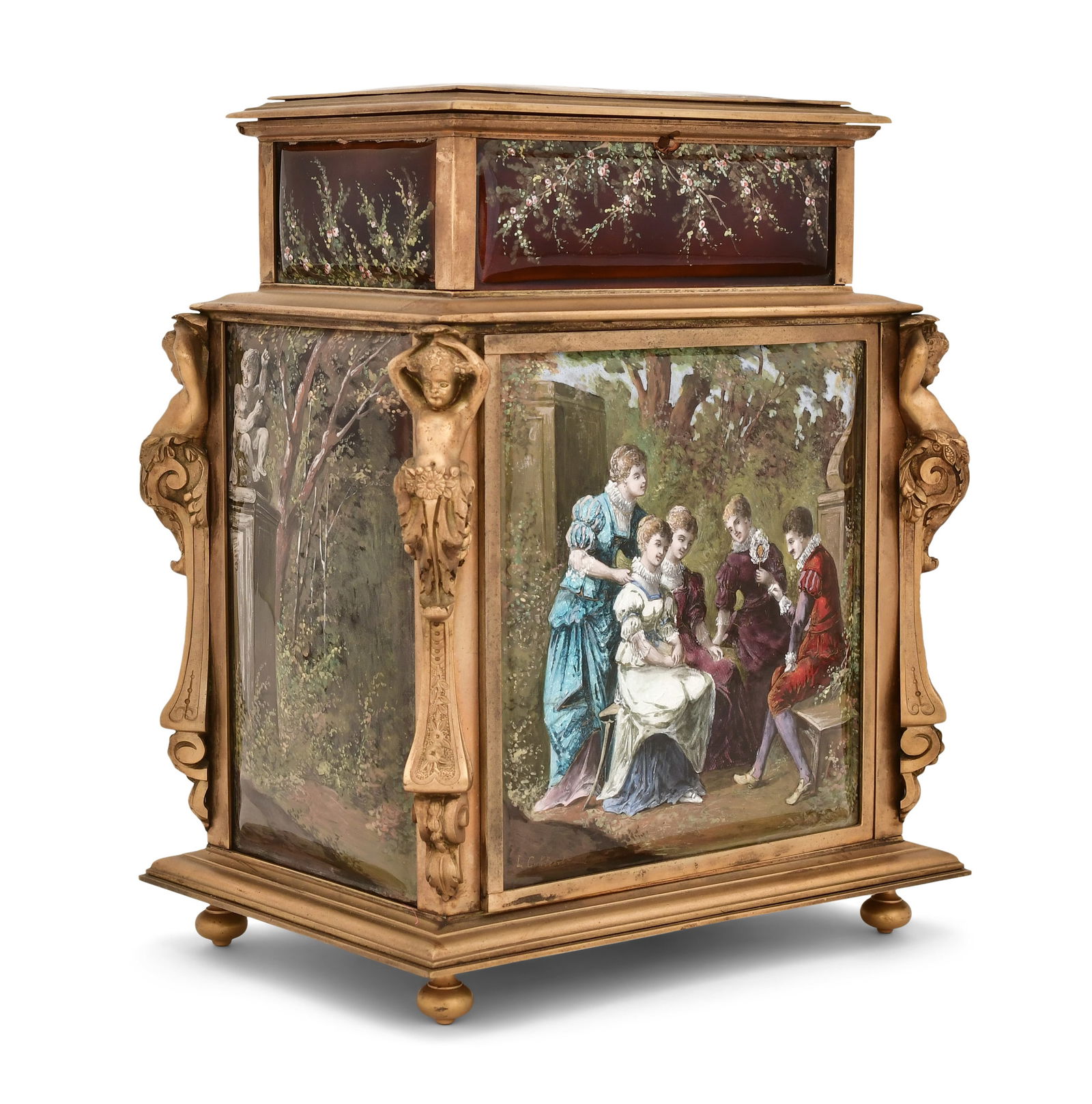 French Enamel & Gilt Bronze Jewelry Casket, LÈvy Coblentz, Limoges: French Enamel & Gilt Bronze Jewelry Casket, LÈvy Coblentz, Limoges 19th century decorated with allegorical figures and forest scenery, each corner with busts of putti, signed "L. Coblentz" 10 x