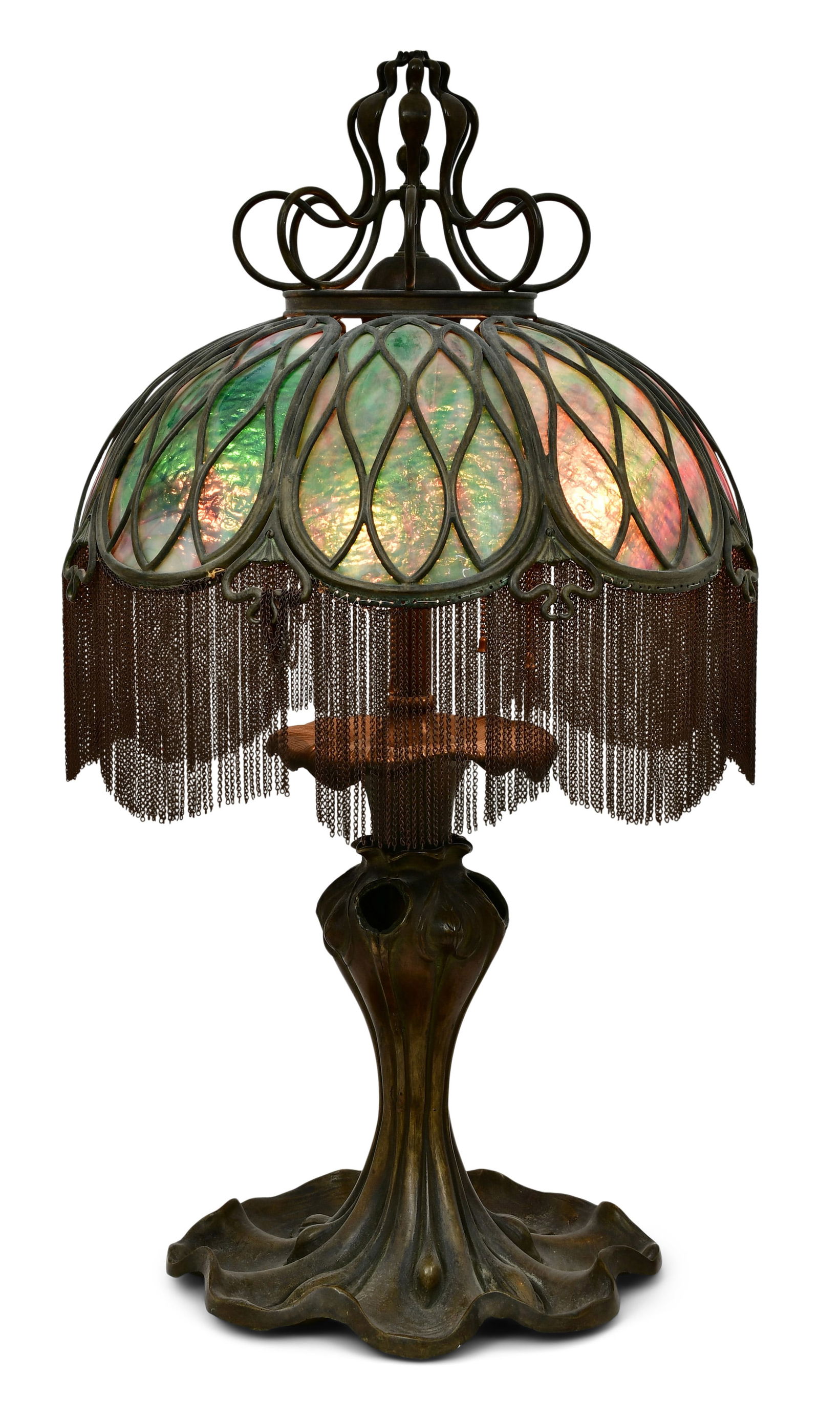 Suess Ornamental Glass Co. Overlay Table Lamp: Suess Ornamental Glass Co.Overlay Table Lampcirca 1906-1908slag glass, patinated bronze30 x 17 inchesLiterature: Paul Crist, "Mosaic Shades Volume II," Santa Fe Springs, California, 2005, p. 17.Pr
