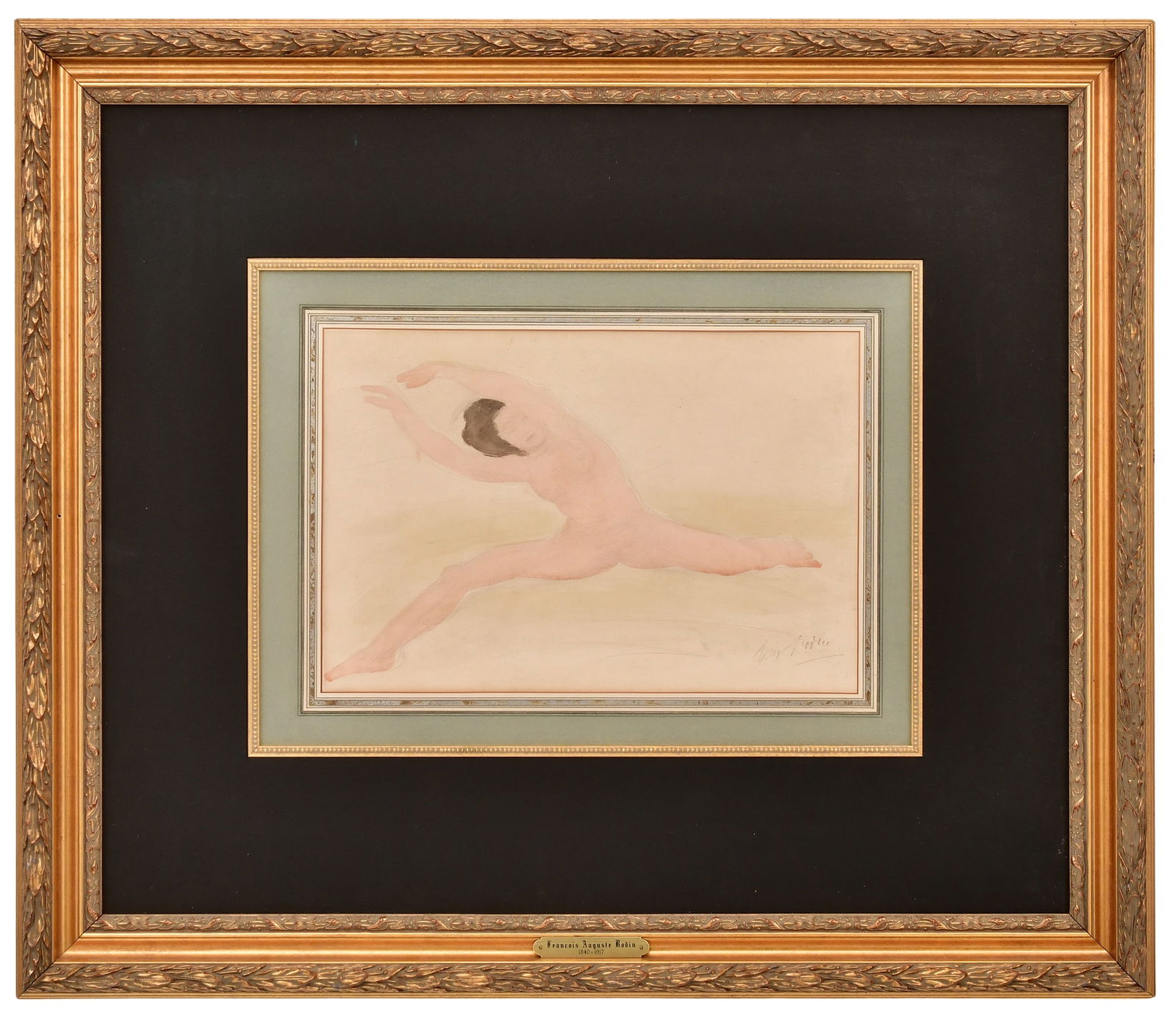 François Auguste René Rodin (French, 1840-1917), Nude Dancer: François Auguste René Rodin(French, 1840-1917)Nude Dancerpencil and watercolor on papersigned "Aug. Rodin" (lower right)11 x 16 inches (sight)30 x 34 1/2 inches (frame)Provenance: