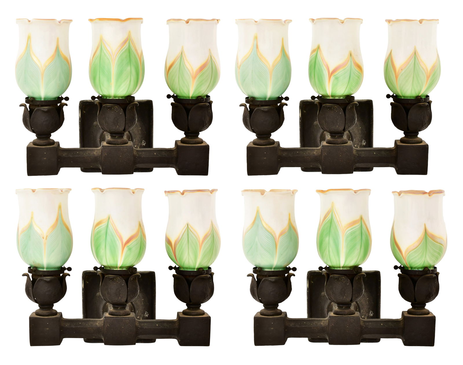 Set of Four Tiffany Studios Sconces with Lustre Art Glass Shades: Set of Four Tiffany Studios Sconces with Lustre Art Glass Shadesearly 20th century10 1/2 x 13 x 9 inchesProvenance: Important Private Collection