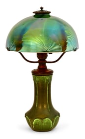 Tiffany Studios / Grueby Pottery Desk Lamp with a Rare Steuben Decorated Shade