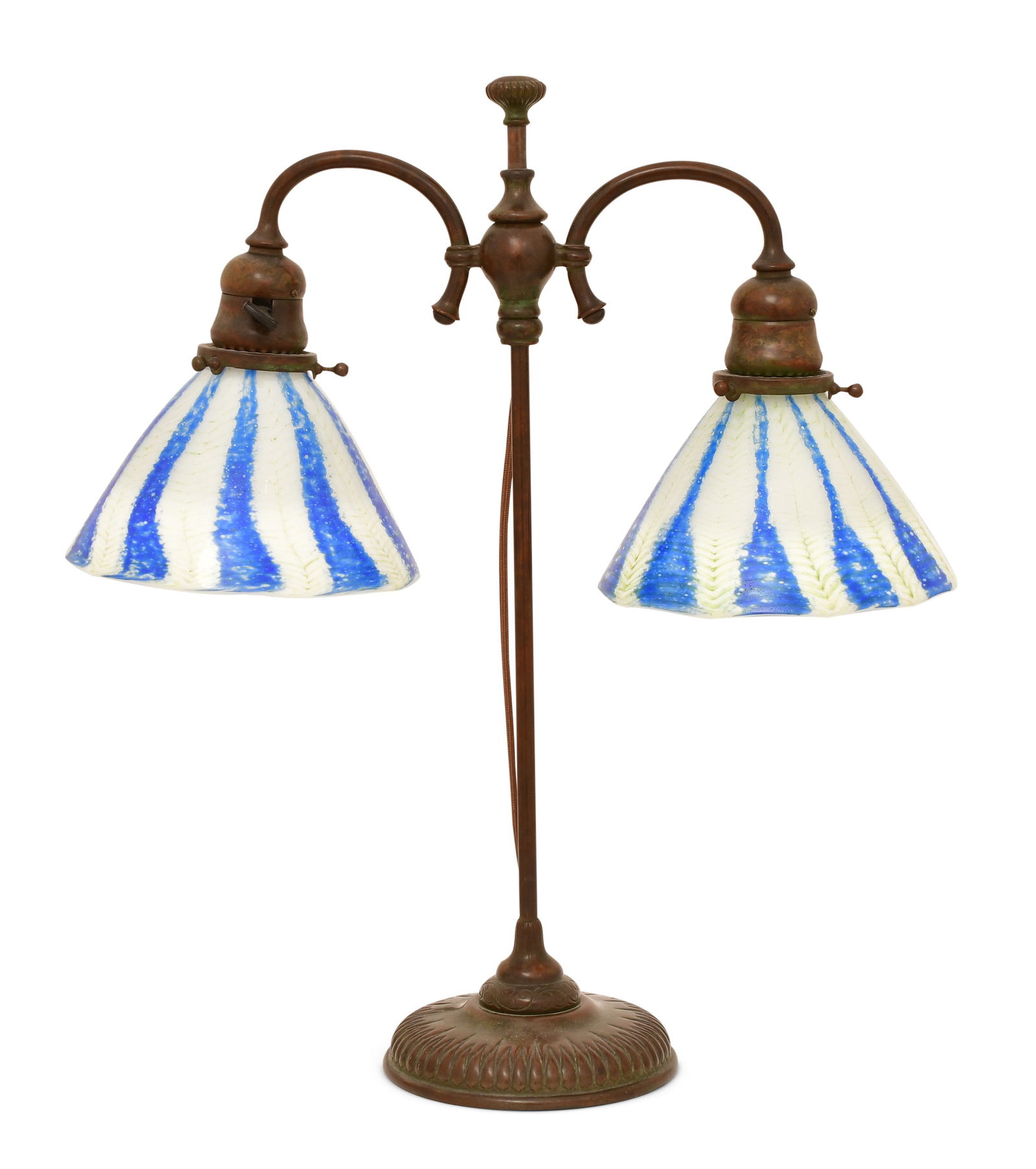 Tiffany Studios / Arthur Nash Double Student Lamp with Decorated Shades: Tiffany Studios / Arthur Nash Double Student Lamp with Decorated Shades circa 1910 (base), circa 1920's (shades) patinated bronze, art glass base impressed "Tiffany Studios, New York, 6829" 19 1/2 x