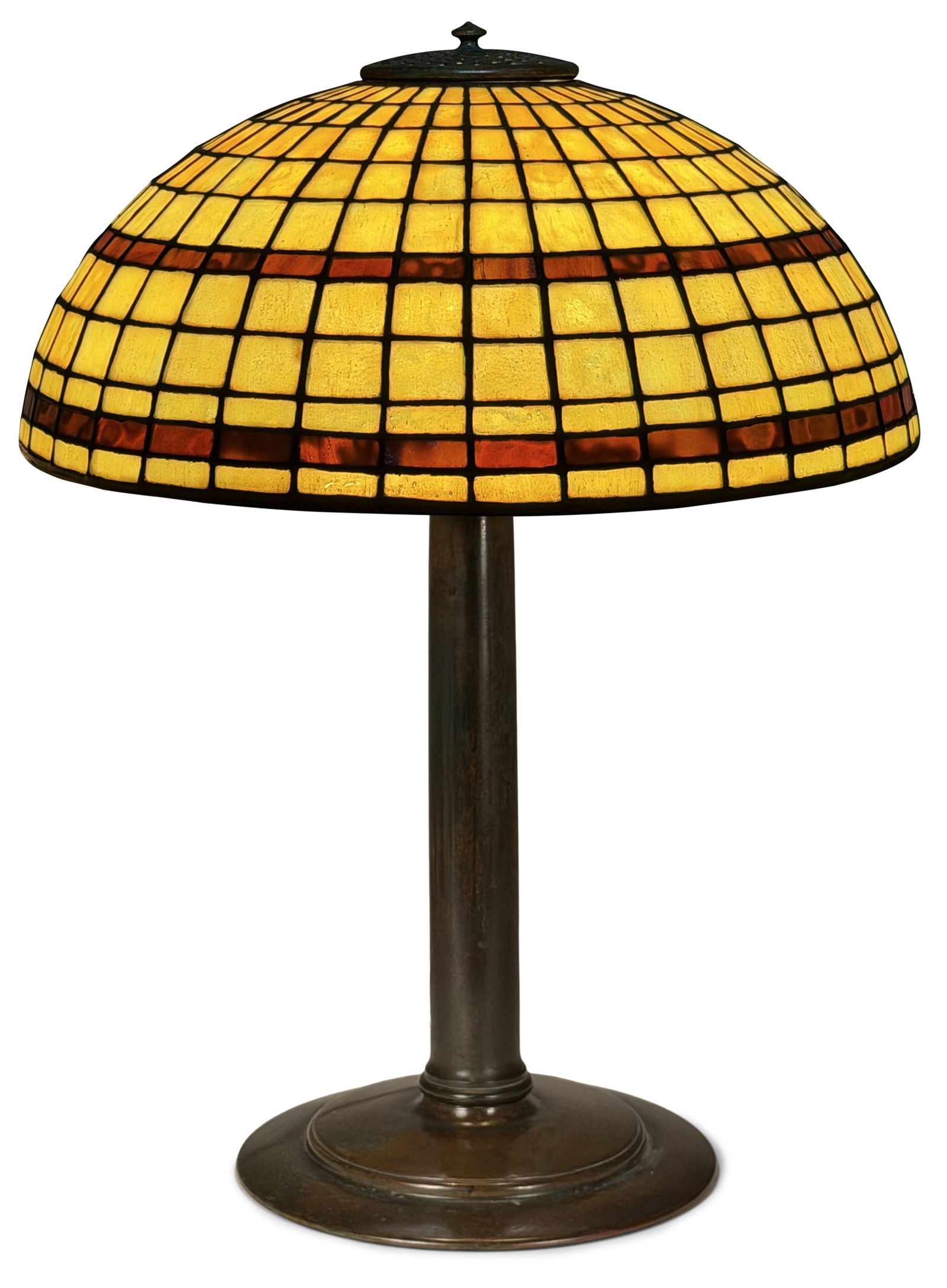 Tiffany Studios Dichroic "Geometric" Table Lamp: Tiffany Studios Dichroic "Geometric" Table Lamp circa 1905 leaded glass, patinated bronze shade impressed "Tiffany Studios, New York" base impressed "Tiffany Studios, New York, 526" 20 1/4 in. high,