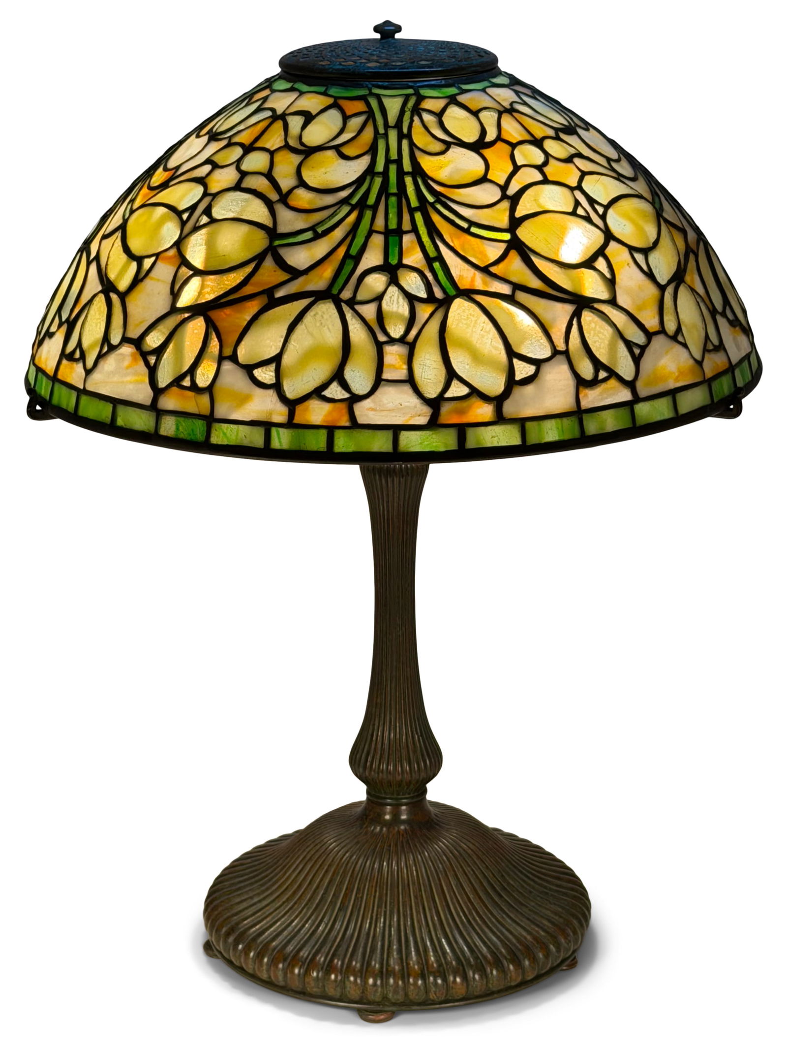 Tiffany Studios "Crocus" Table Lamp: Tiffany Studios "Crocus" Table Lamp circa 1905 leaded glass, patinated bronze shade impressed "Tiffany Studios, New York" base impressed "Tiffany Studios, New York, 4438" 22 in. high, 16 in.
