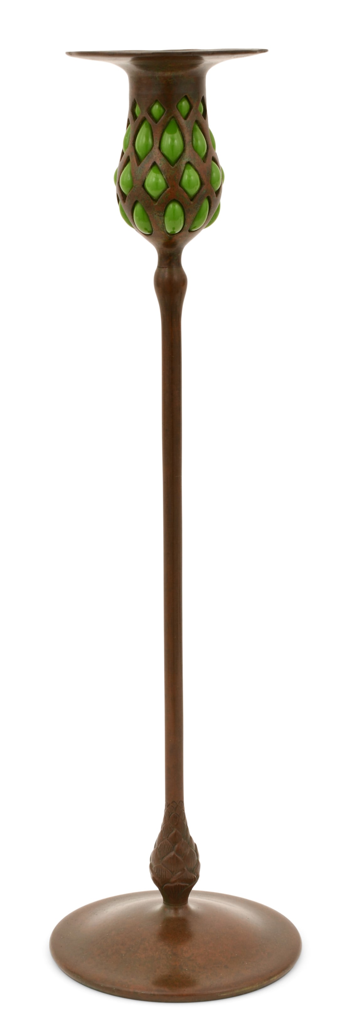 Tiffany Studios Blown Glass Candlestick: Tiffany Studios Blown Glass Candlestick circa 1900 favrile glass, patinated bronze impressed "Tiffany Studios, New York, 27368" and with the Tiffany Glass & Decorating Company monogram 18 x 5 1/4