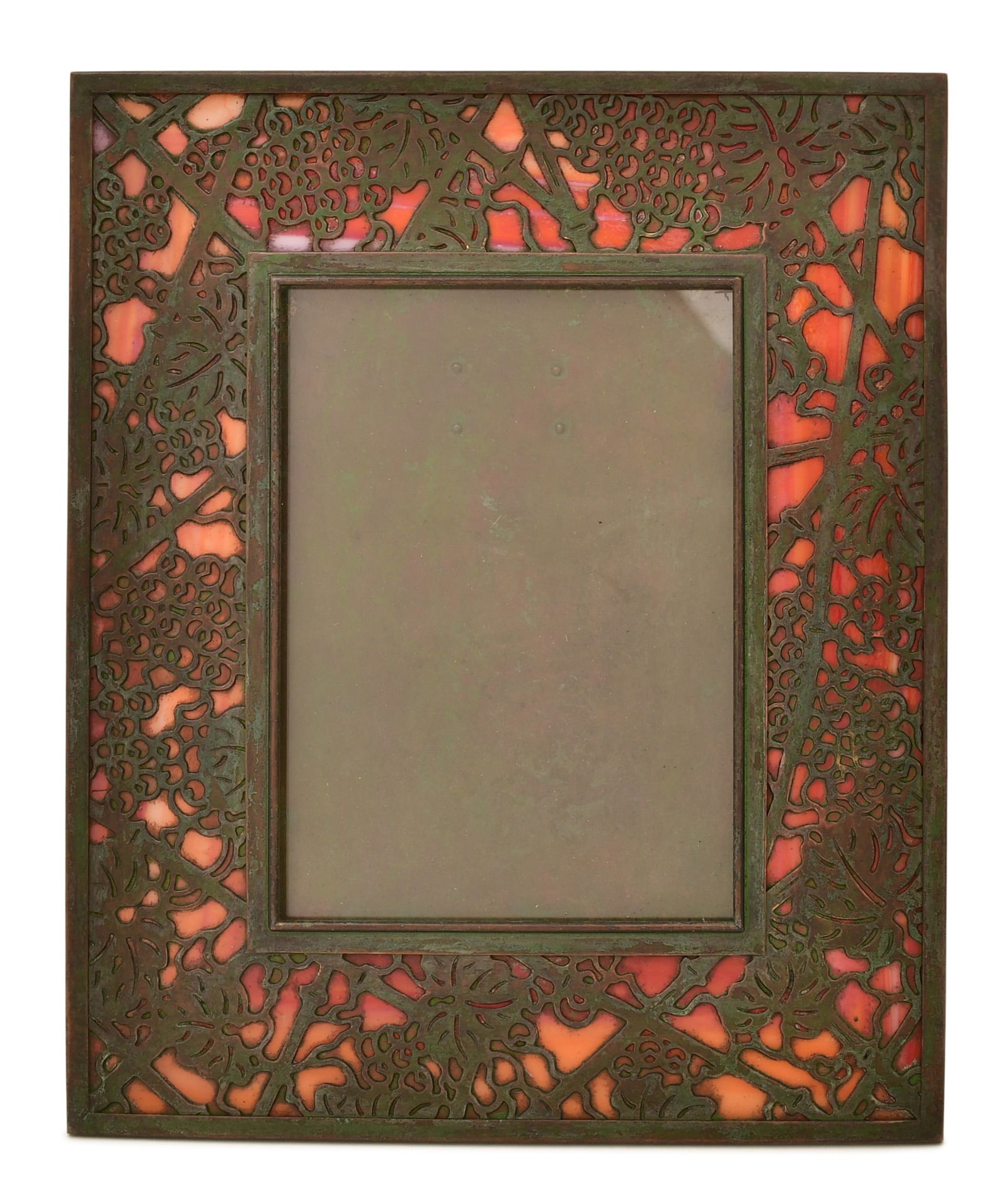 Tiffany Studios "Grapevine" Picture Frame: Tiffany Studios "Grapevine" Picture Frame circa 1910 patinated bronze, red glass impressed "Tiffany Studios, New York, 947" 9 1/4 x 7 1/2 inches Provenance: Property from a Massachusetts Collector