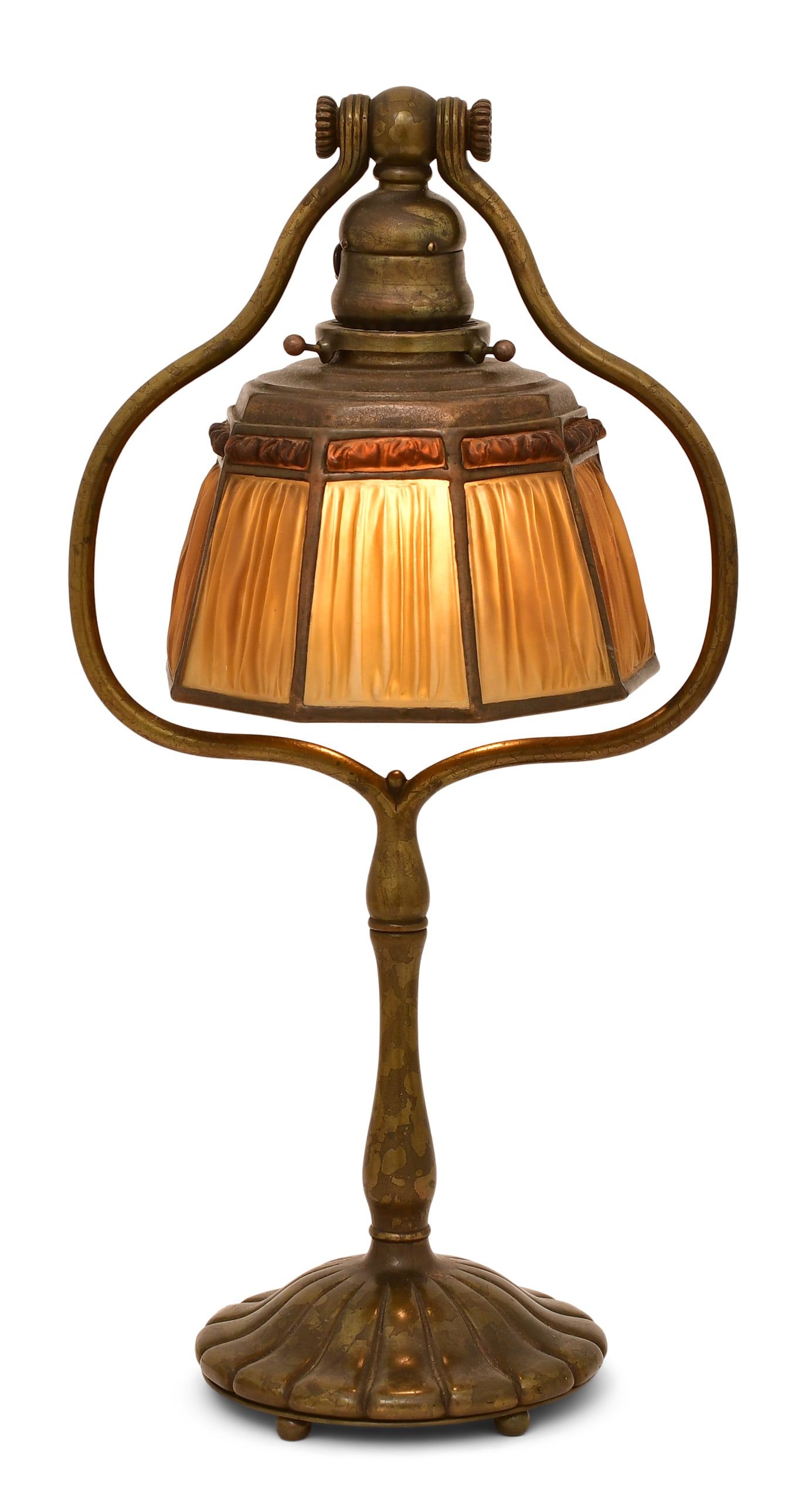Tiffany Studios "Favrile Fabrique" Desk Lamp: Tiffany Studios "Favrile Fabrique" Desk Lamp circa 1910 gilt bronze, favrile glass shade impressed "Tiffany Studios, New York, 1940, Pat. Appl'd For" base impressed "Tiffany Studios, New York, 424"