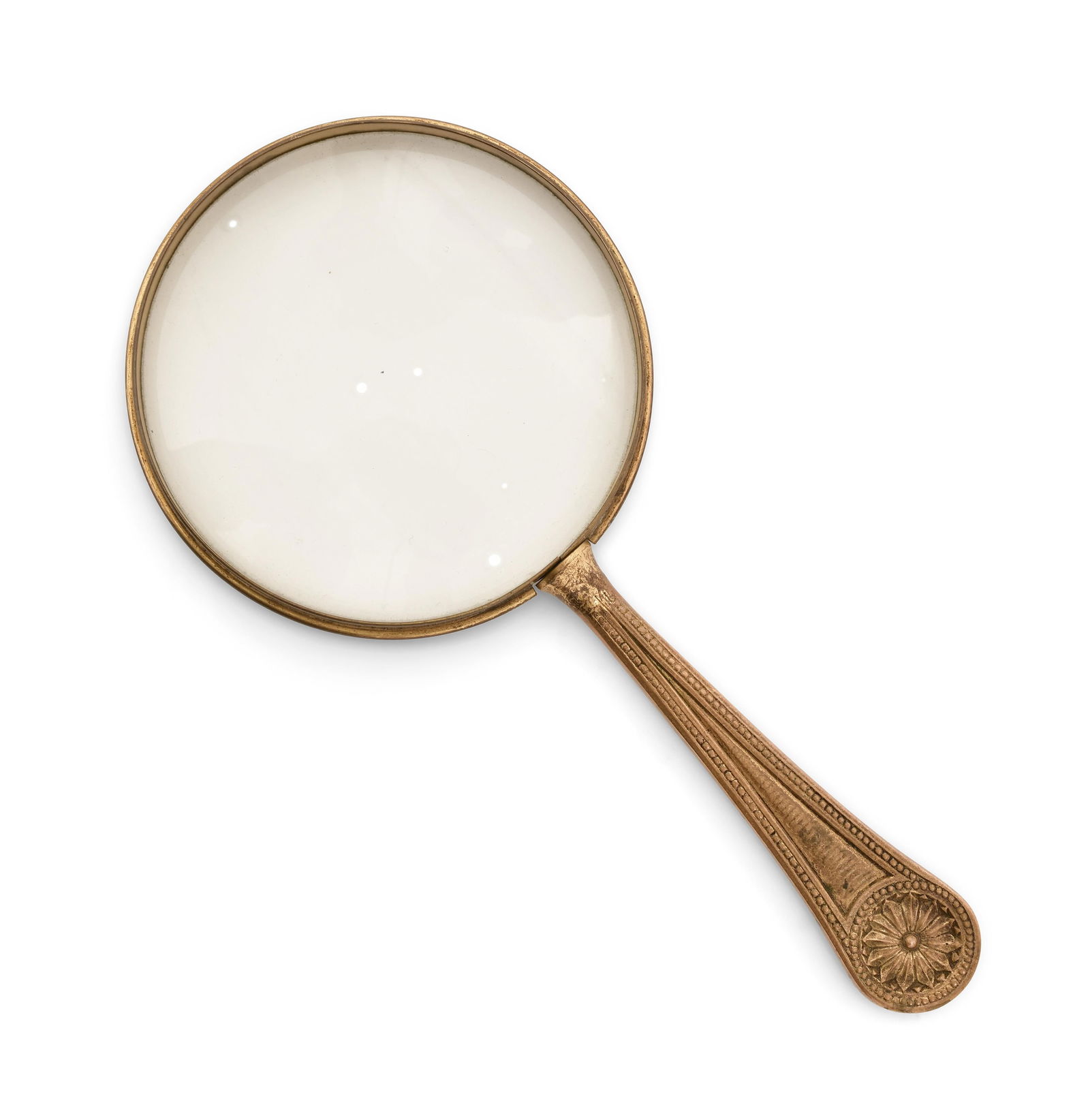 Tiffany Studios "Adam" Magnifying Glass: Tiffany Studios "Adam" Magnifying Glass circa 1910 gilt bronze, glass impressed "Tiffany Studios, New York, 1788" 9 x 4 1/4 inches Provenance: Private Collection, Michigan Other Notes: Fontaine's