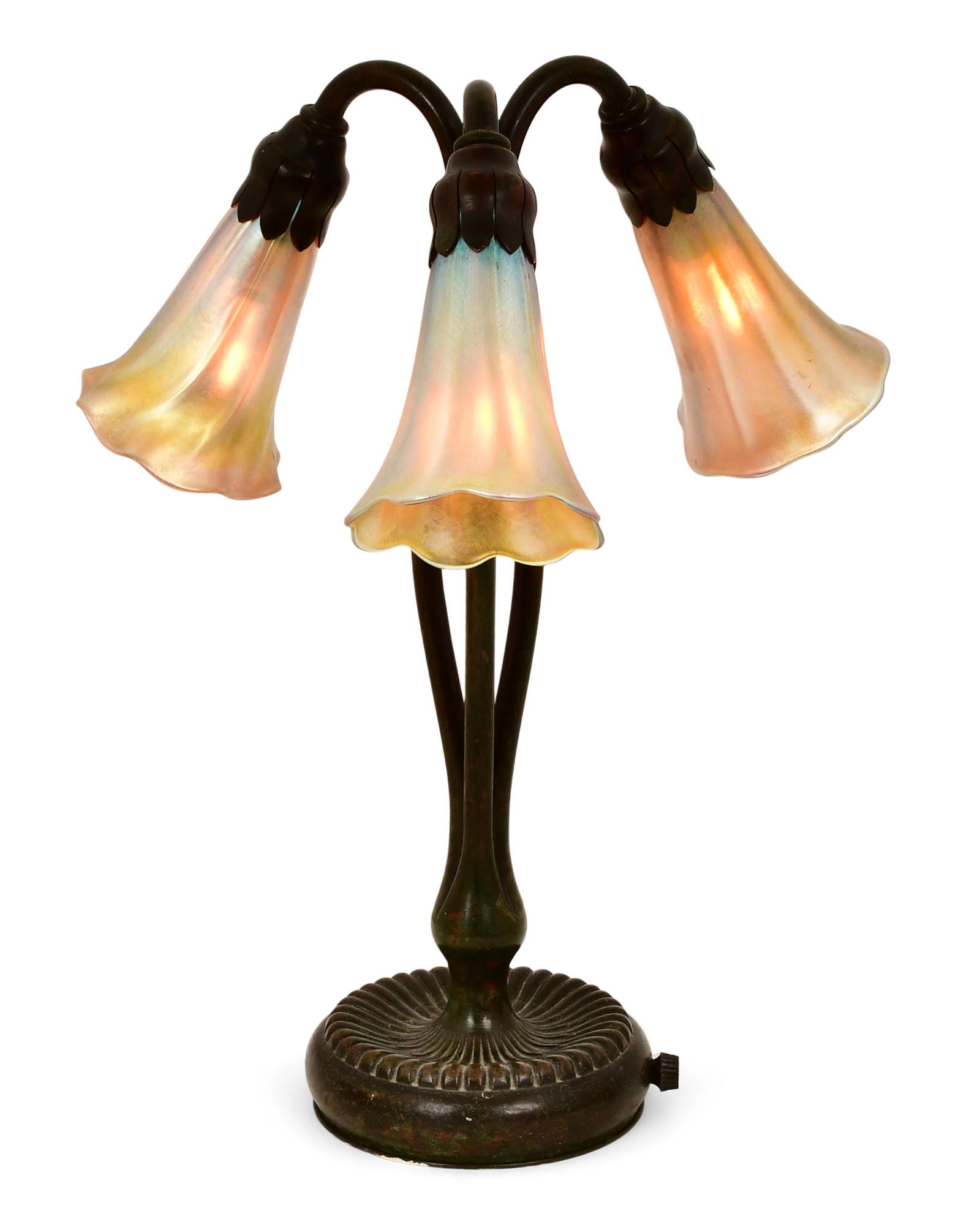 Tiffany Studios Three-Light "Lily" Table Lamp: Tiffany Studios Three-Light "Lily" Table Lamp circa 1910 favrile glass, patinated bronze each shade engraved "L.C.T." base impressed "Tiffany Studios, New York, 319" 13 x 10 inches Provenance: