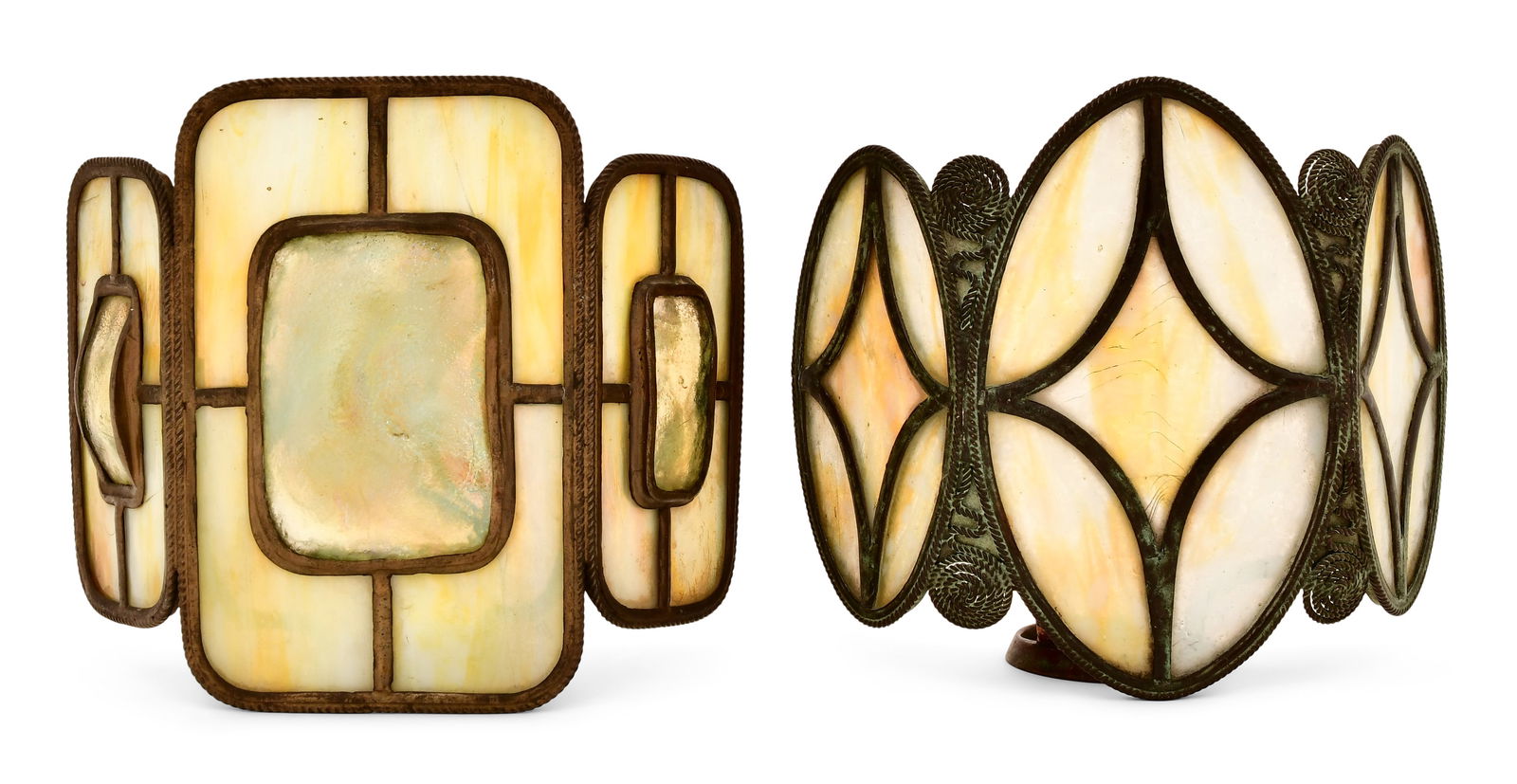 Tiffany Studios "Turtle-Back" Sconce Shade and a Sconce Shade: Tiffany Studios "Turtle-Back" Sconce Shade and a Sconce Shade circa 1910 favrile glass, patinated bronze 6 1/2 x 7 x 3 3/4 inches Provenance: Important Private Collection Other Notes: Fontaine's