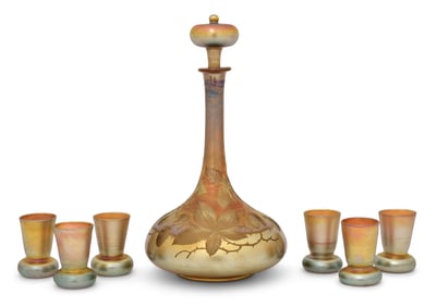 Tiffany Studios Intaglio Carved Favrile Glass Seven-Piece Decanter Set