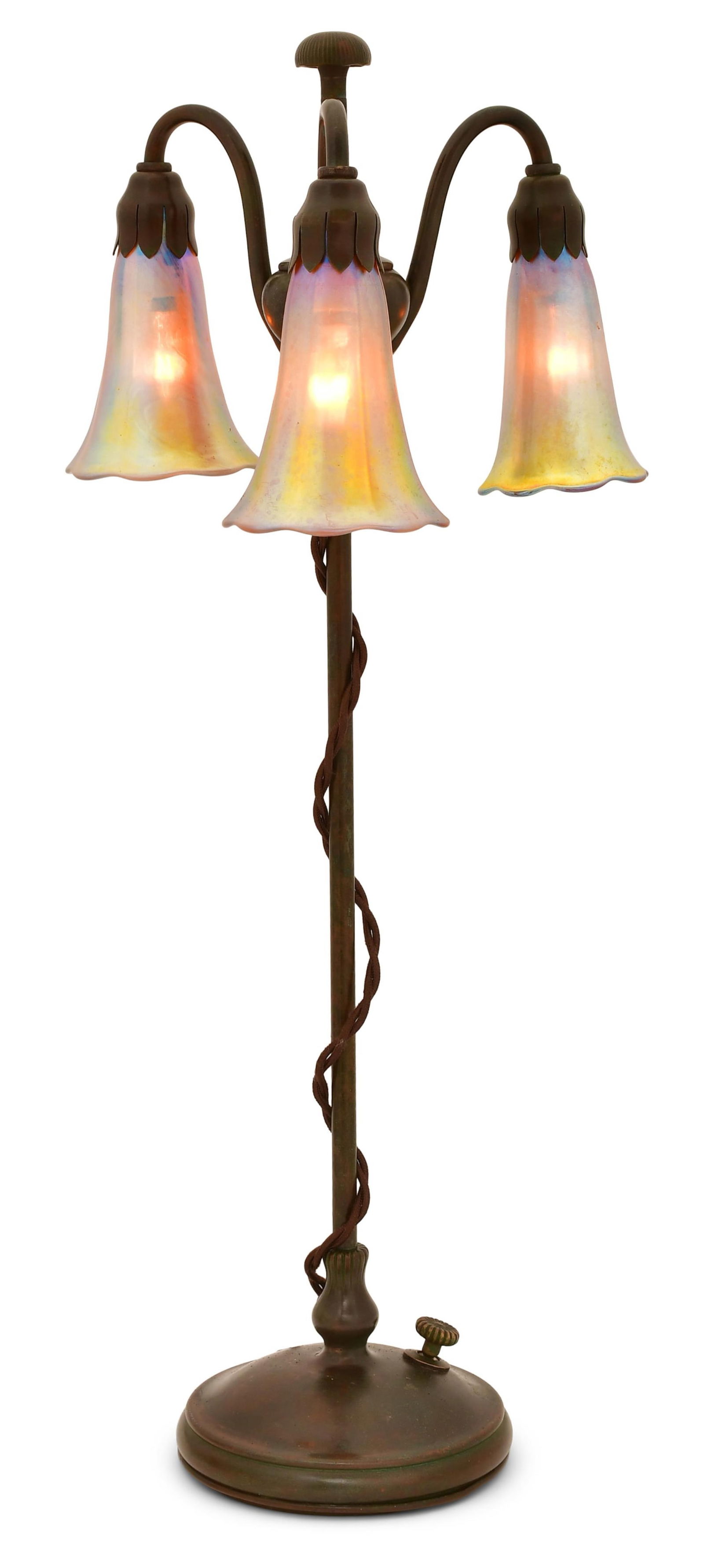 Tiffany Studios Three-Light "Lily" Table Lamp: Tiffany StudiosThree-Light "Lily" Table Lampcirca 1910with contemporary glass shadespatinated bronzebase impressed "Tiffany Studios, New York, 25855" and with the Tiffany Glass & Decorating Company mo