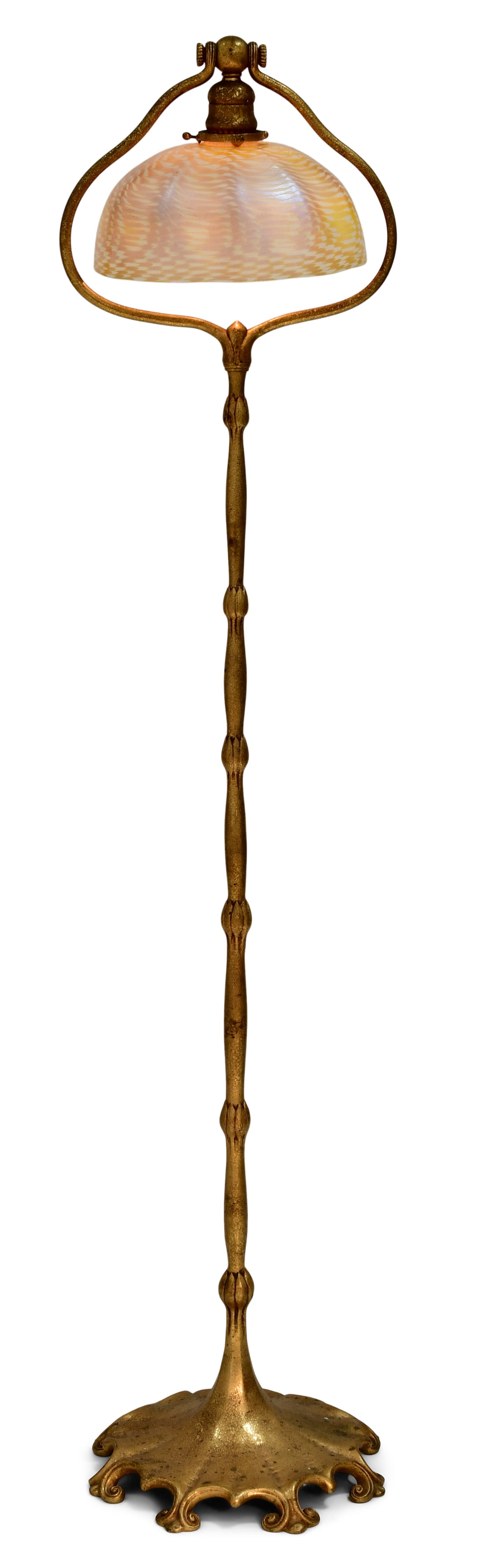 Tiffany Studios "Damascene" Floor Lamp: Tiffany Studios"Damascene" Floor Lampcirca 1910favrile glass, gilt bronzeshade engraved "5 - L.C.T. Favrile"base impressed "Tiffany Studios, New York, 425"55 x 12 inches, 10 in. diameter (shade)
