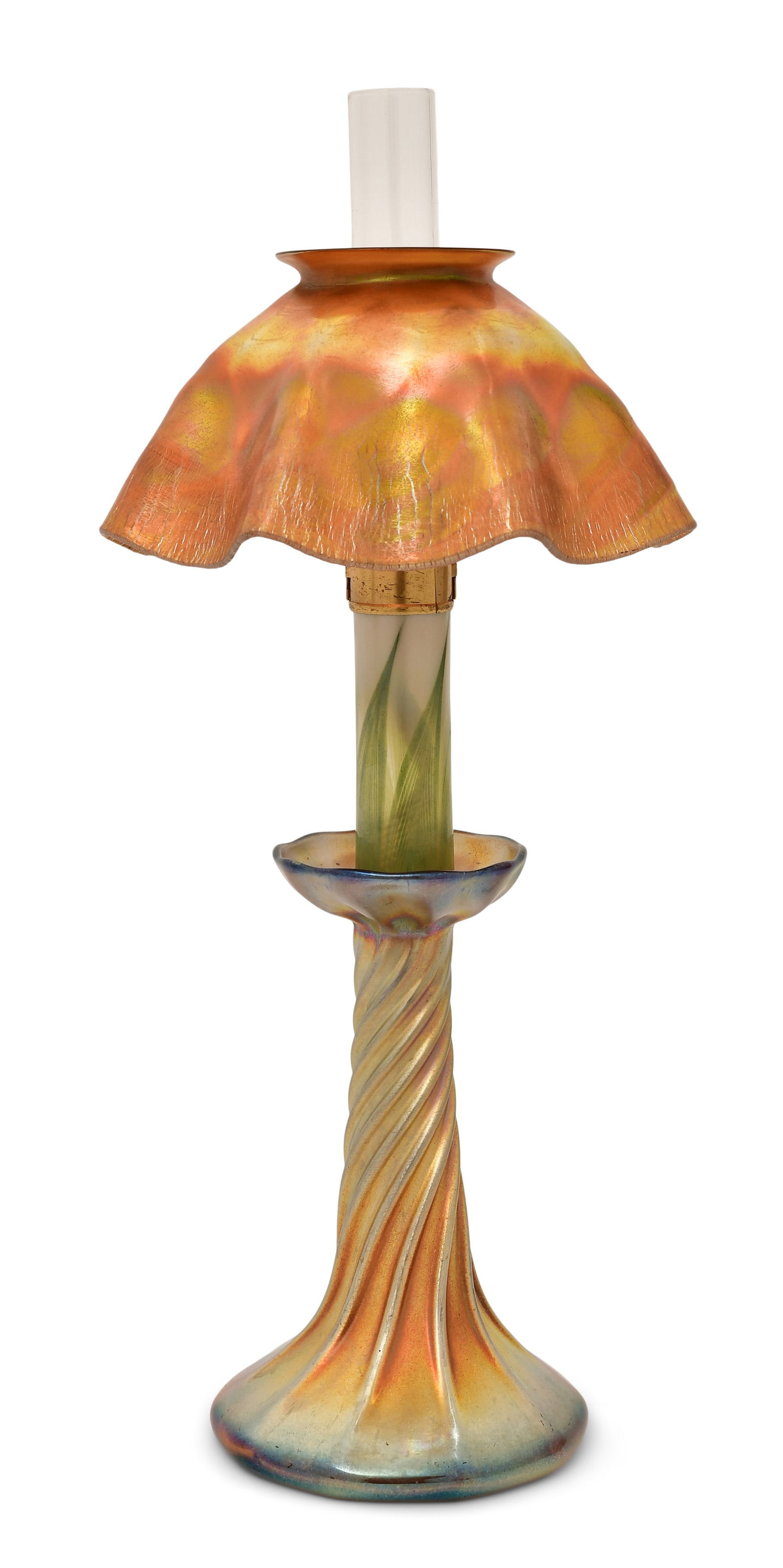 Tiffany Studios Favrile Glass Candle Lamp: Tiffany StudiosCandle Lampcirca 1910with a "Pulled Feather" insertfavrile glassshade and base engraved "L.C.T."17 x 7 inchesProvenance: Property from a Massachusetts CollectorOther Not