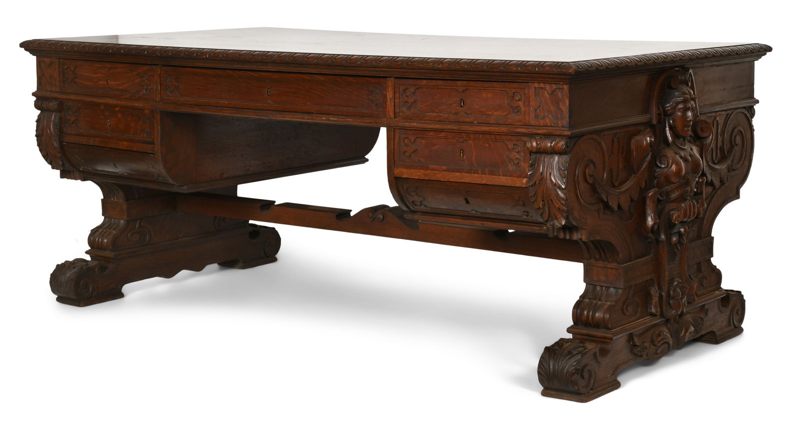 Attr. Allen & Brother (1847-1902), Renaissance Revival Partner's Desk: Attributed to Allen & Brother(Philadelphia, 1847-1902)Renaissance Revival Partner's Deskcirca 1870-1875oakthe locking hardware marked "The Shannon Mfg. Co., Phila."31 x 73 x 41 1/2 inchesPro